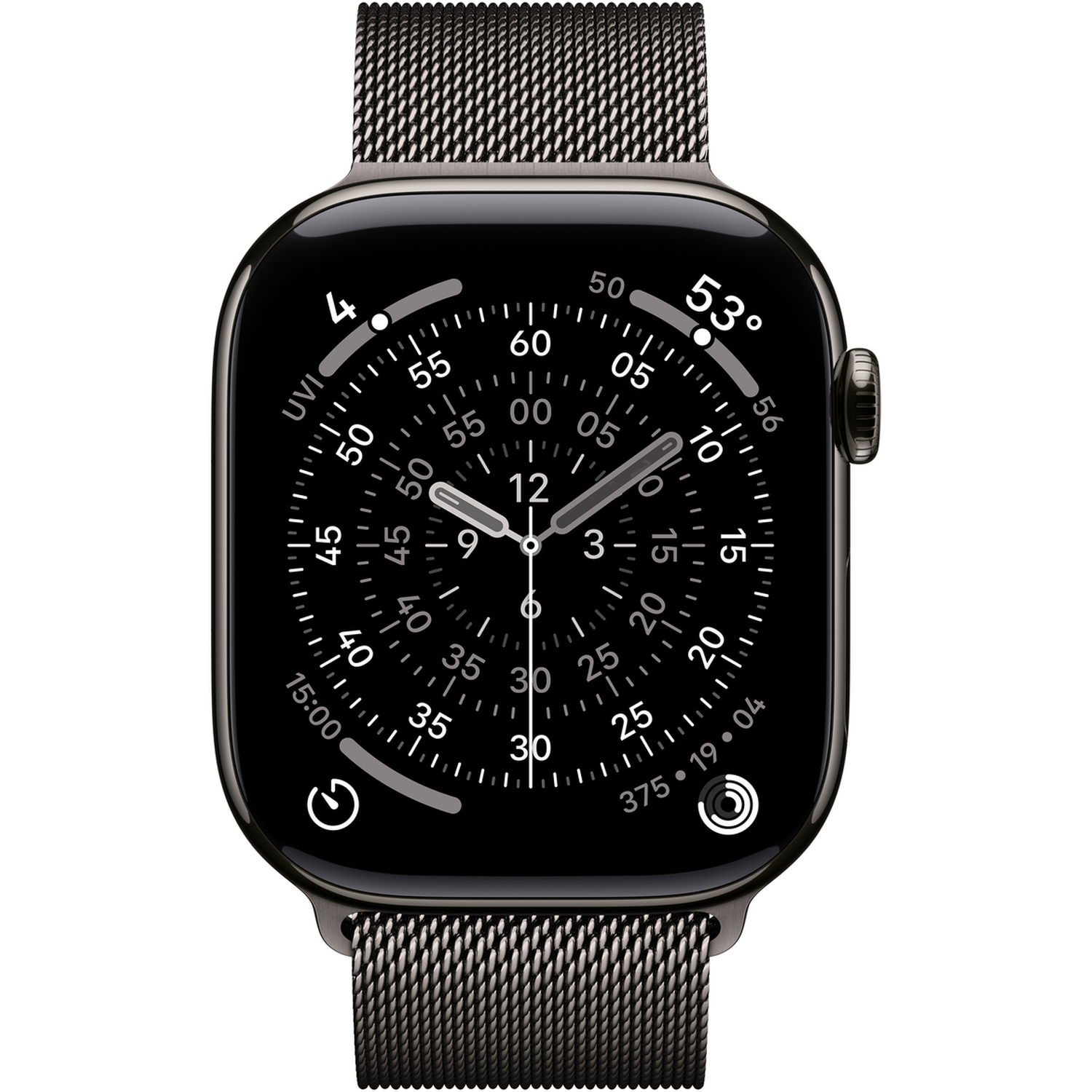 A black Apple Watch with a mesh band displays the time. The watch shows the time as 9:03 with additional data around the dial.