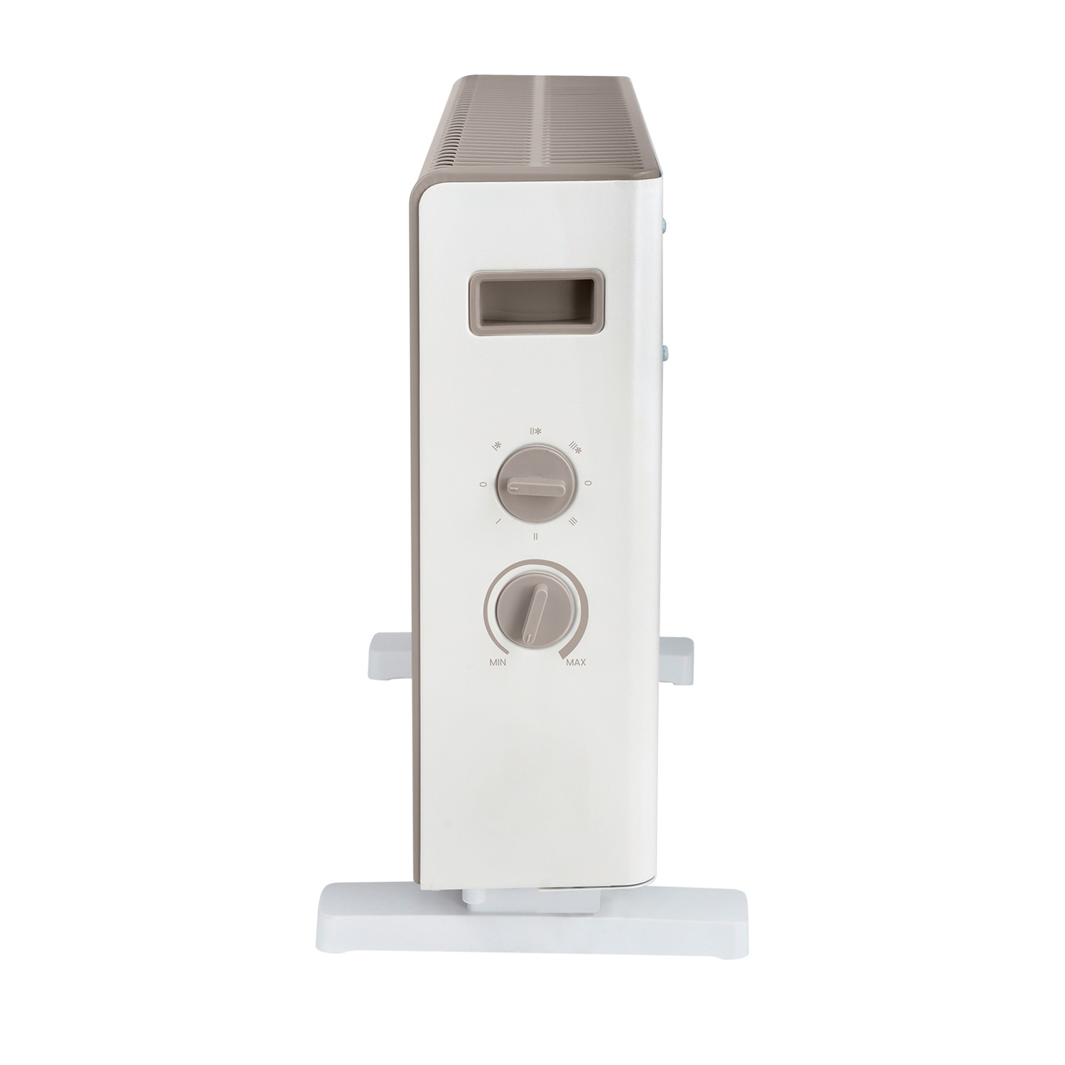 Un termoventilatore elettrico bianco e grigio. Ha due manopole, una presa d'aria superiore e un supporto. Lo sfondo è bianco.
