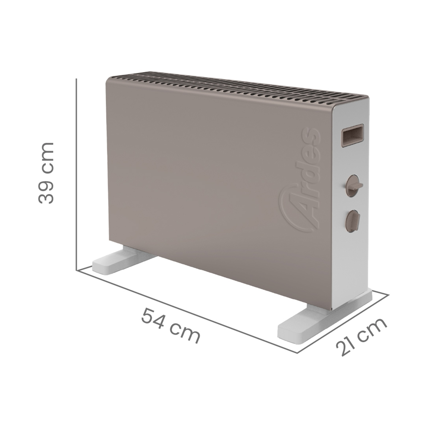 Un termoventilatore elettrico Ardes beige con base bianca e dimensioni indicate. Il termoventilatore ha manopole di controllo e il logo Ardes.