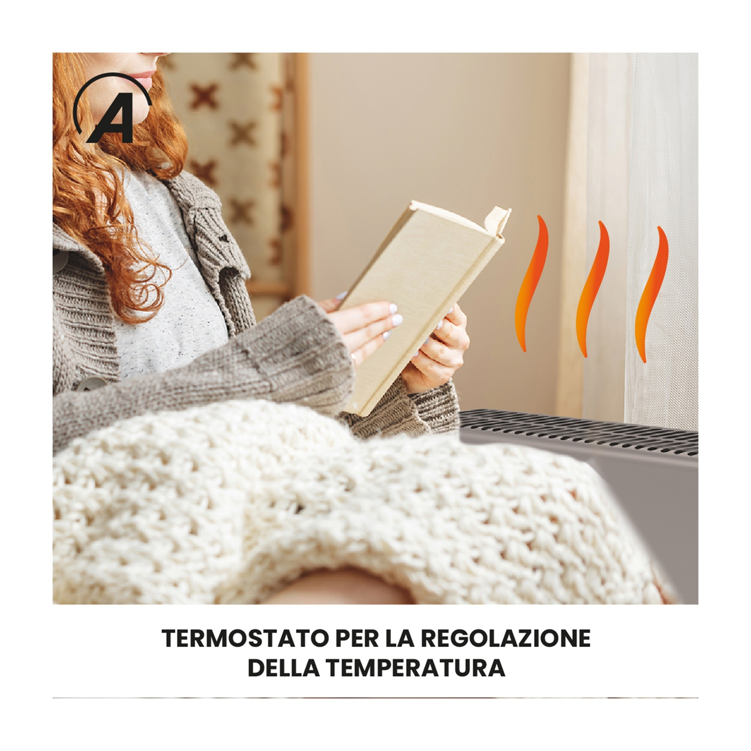 Una donna legge un libro, avvolta in una coperta. Grafica fiamme. Testo: termostato per la regolazione della temperatura.