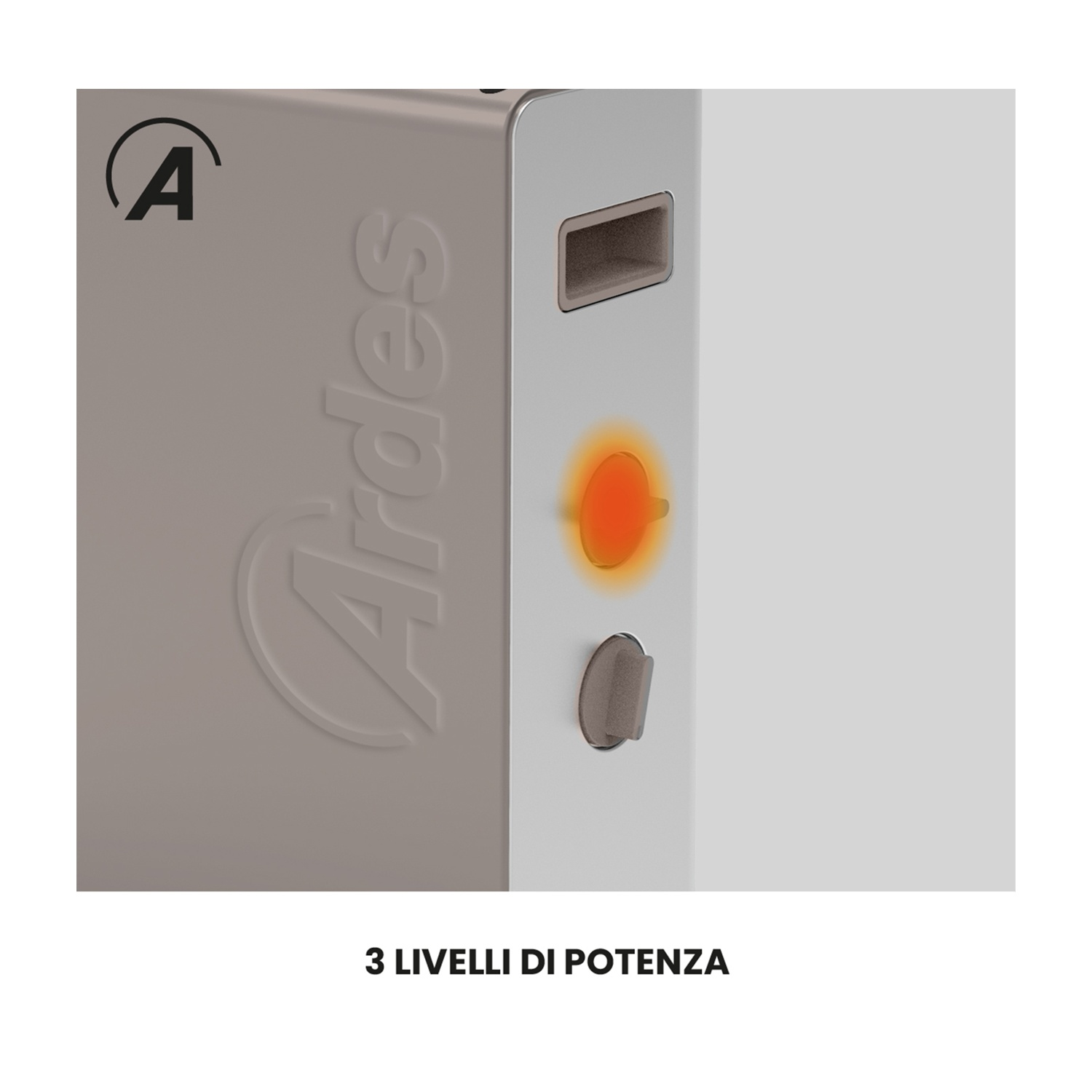 Primo piano di un elettrodomestico beige con logo Ardès. Ha un pulsante di accensione, una luce arancione e un'uscita d'aria.