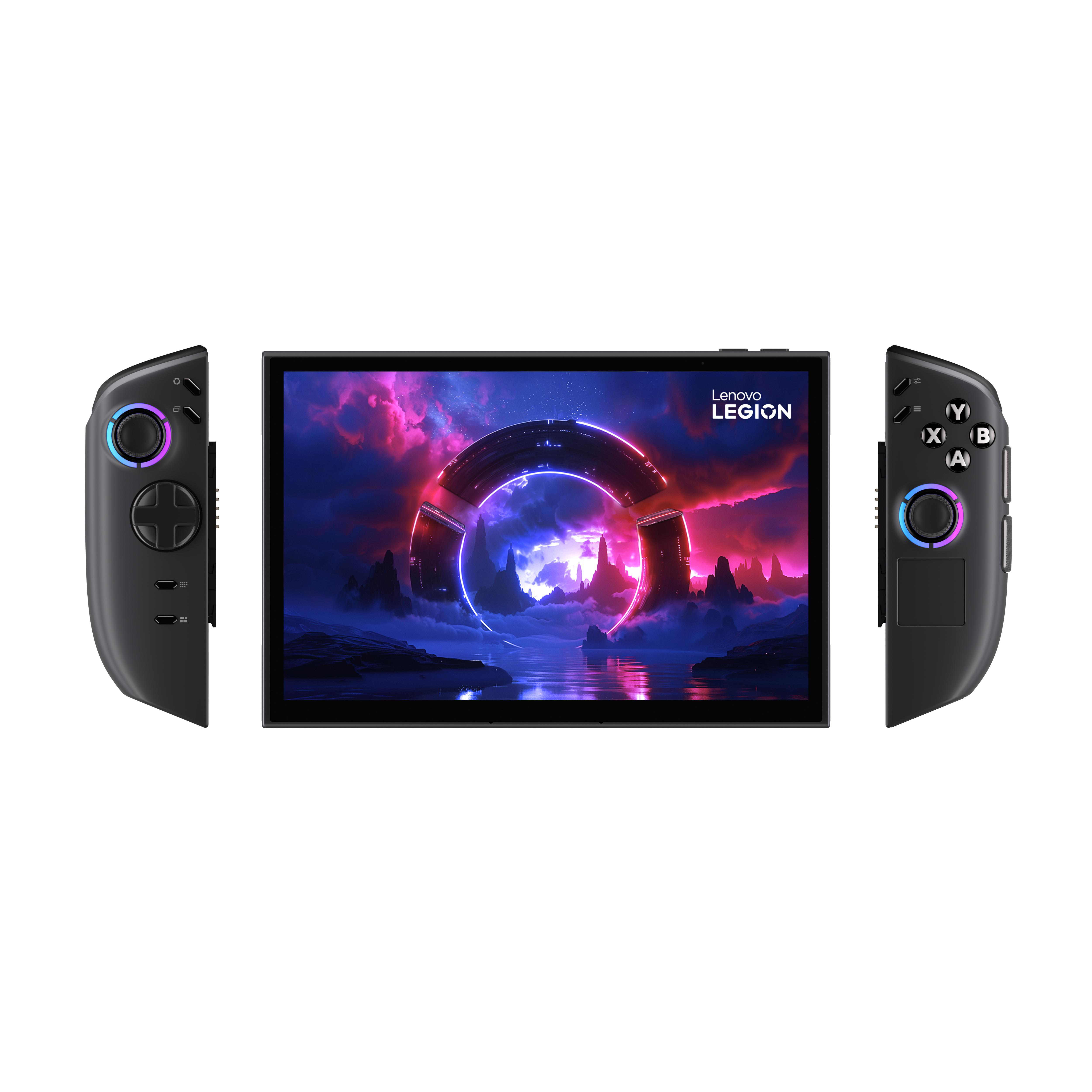 Schwarzes Lenovo Legion Handheld-Gaming-Gerät. Es hat einen Bildschirm in der Mitte und Controller auf jeder Seite.