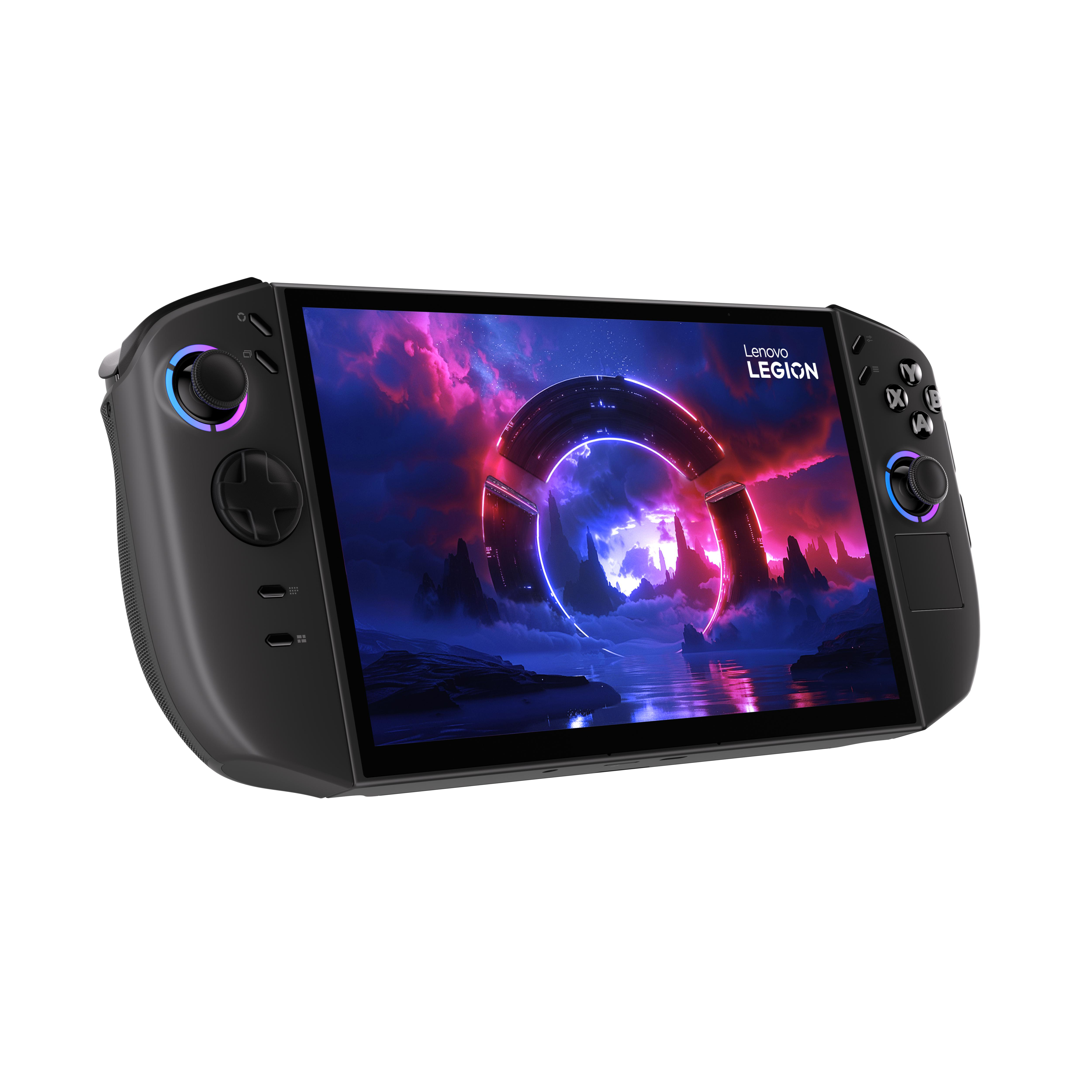 Schwarzes Lenovo Legion Handheld-Gaming-Gerät. Der Bildschirm zeigt eine futuristische Landschaft mit einem leuchtenden Ring.