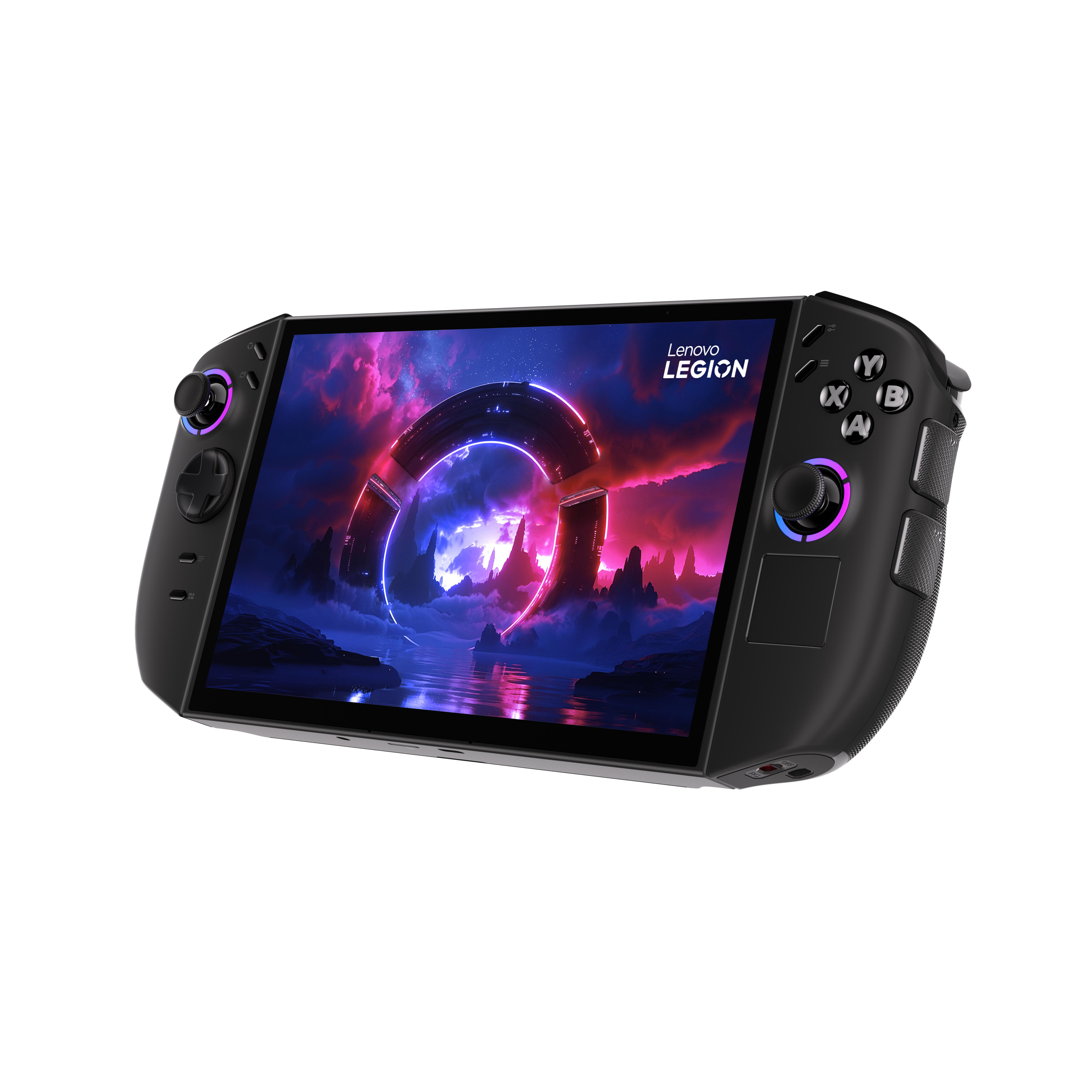 Schwarze Lenovo Legion Handheld-Konsole. Der Bildschirm zeigt eine futuristische Szene. Es hat Steuertasten.