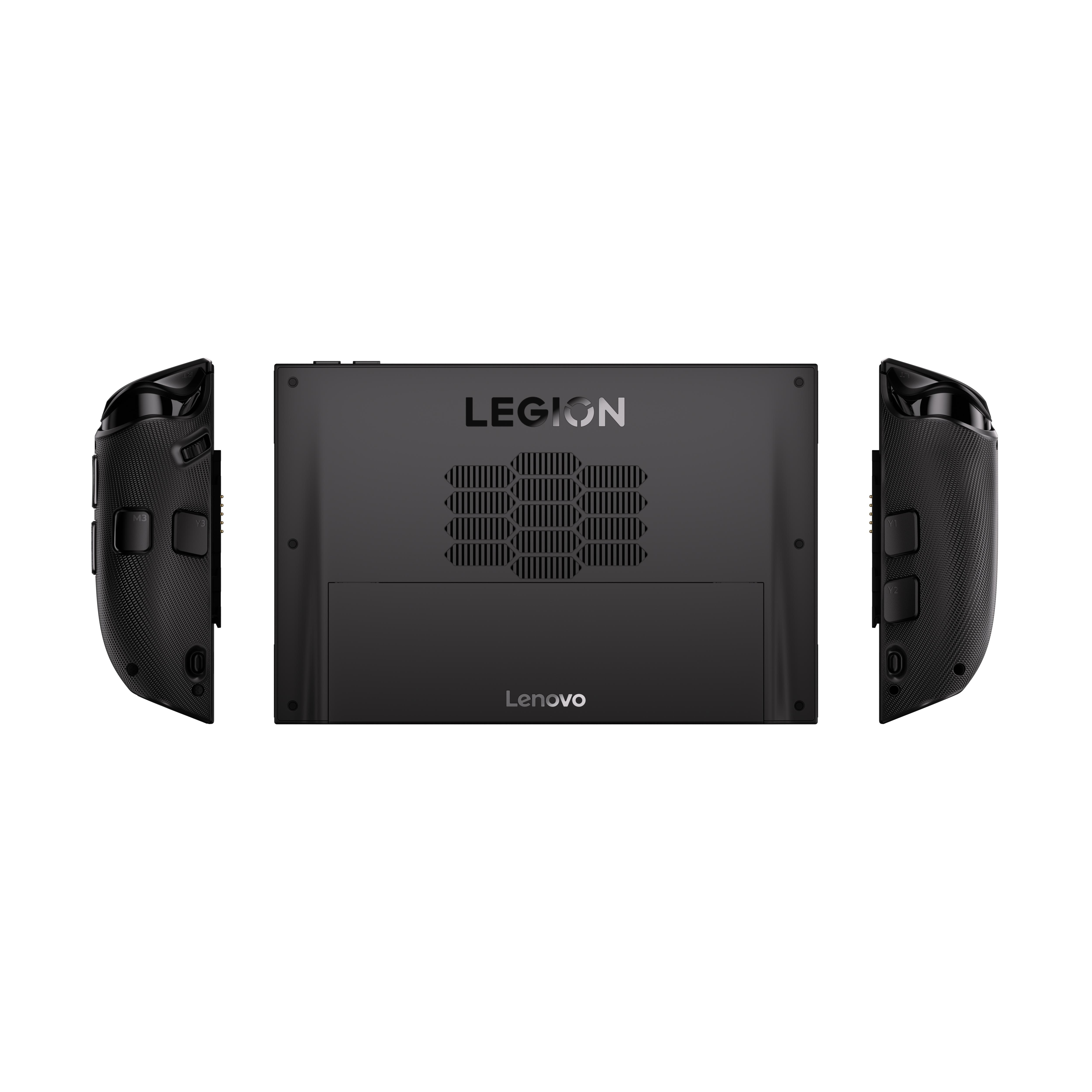 Ein schwarzes Lenovo Legion Handheld-Gaming-Gerät mit abnehmbaren Controllern auf weißem Hintergrund.