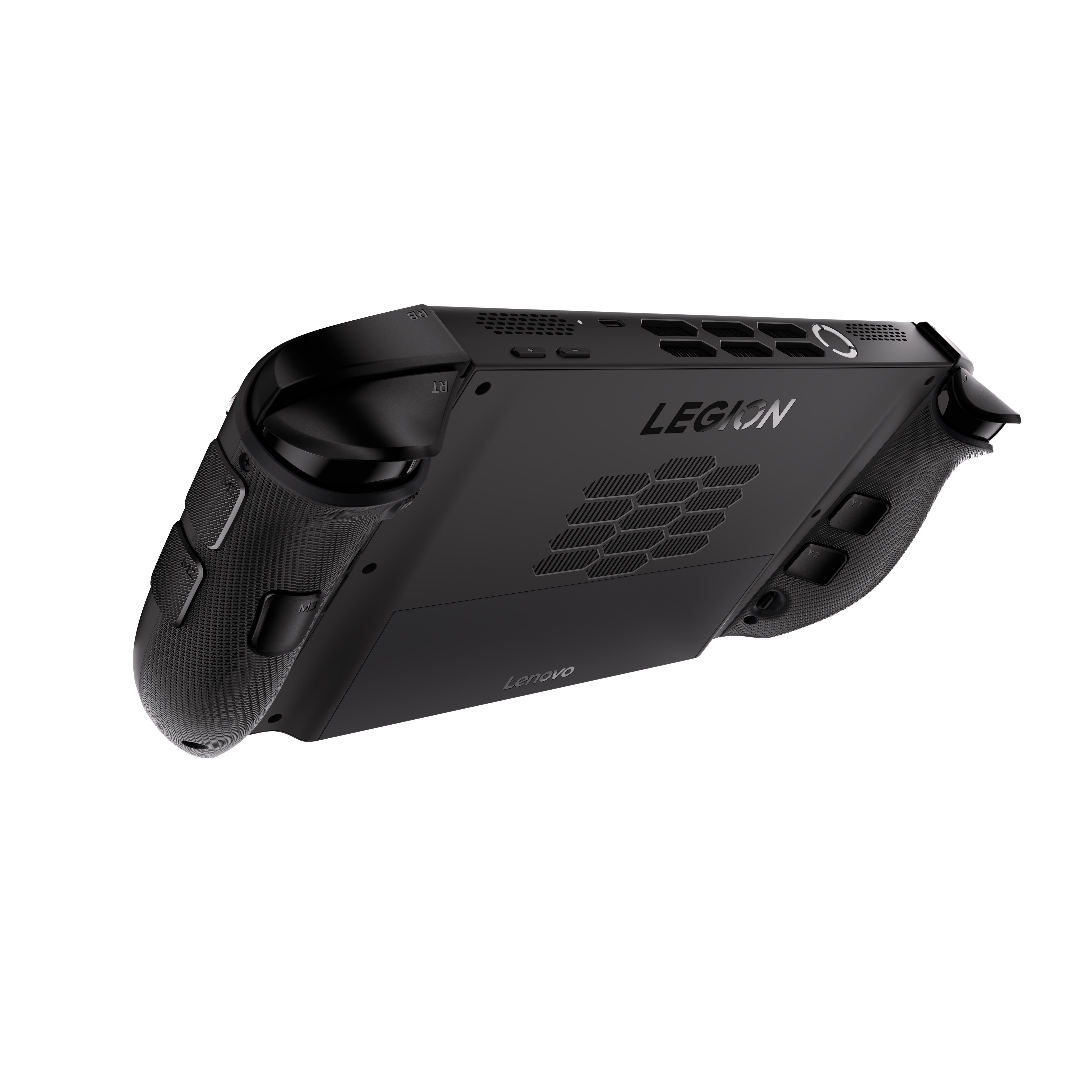 Schwarzes Lenovo Legion Handheld-Gaming-Gerät auf weißem Hintergrund, Ansicht in einem Winkel. Das Gerät hat Knöpfe und Lüftungsöffnungen.