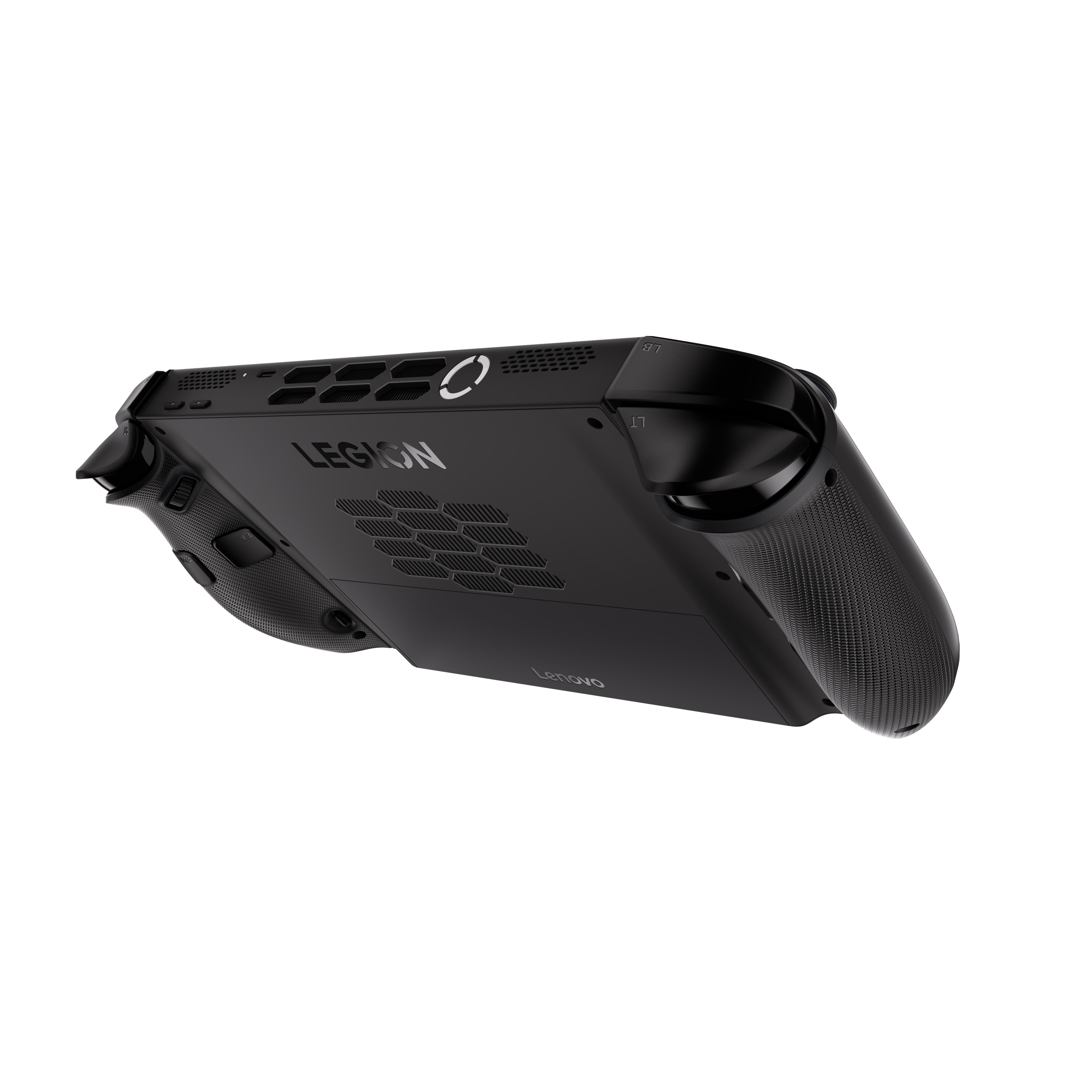 Schwarze Lenovo Legion Handheld-Konsole. Verfügt über einen schwarzen Körper mit Knöpfen und einem strukturierten Griff. Weißer Hintergrund.