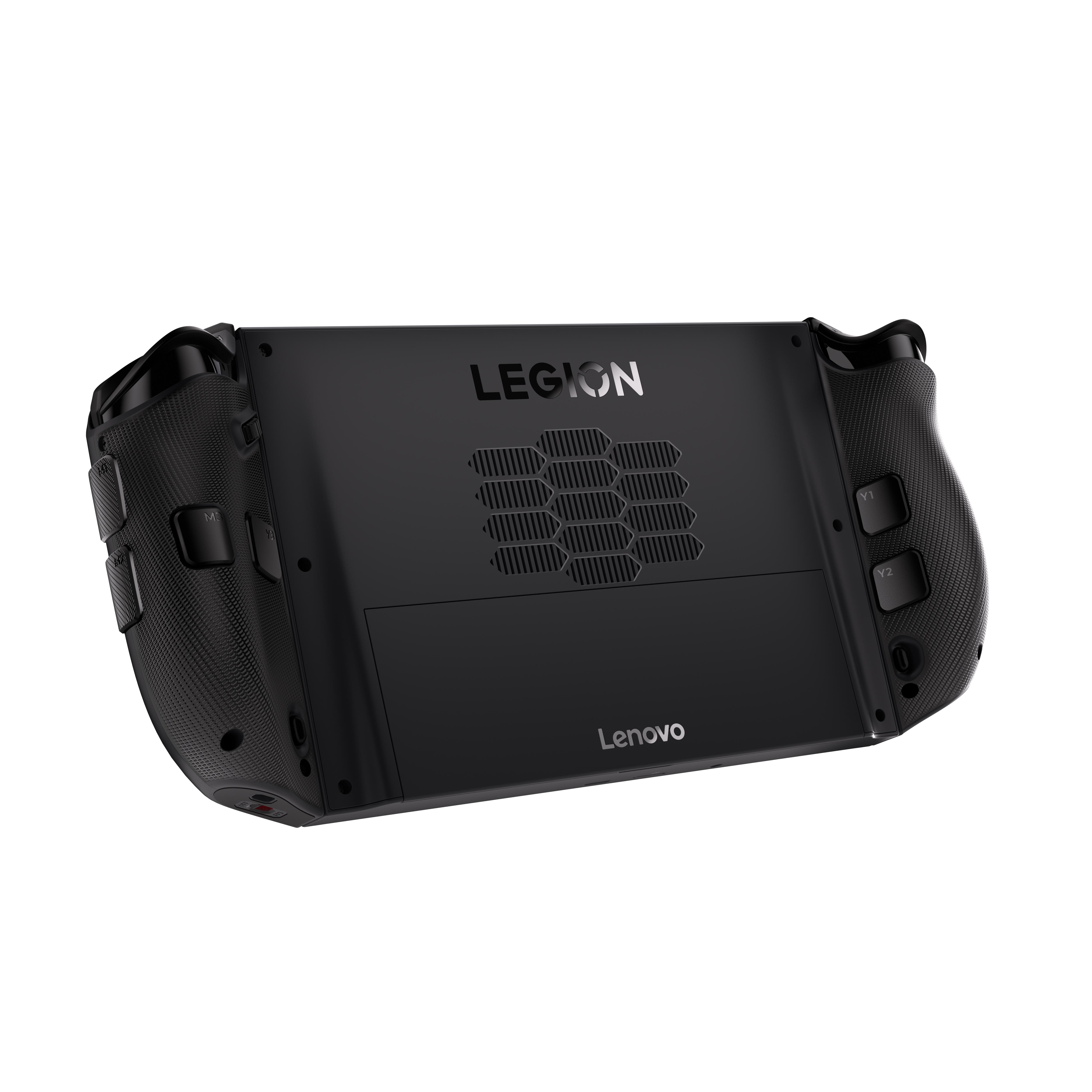 Schwarzes Lenovo Legion Handheld-Gaming-Gerät, Rückansicht. Mit Legion- und Lenovo-Logos, Lüftungsschlitzen und strukturierten Griffen.