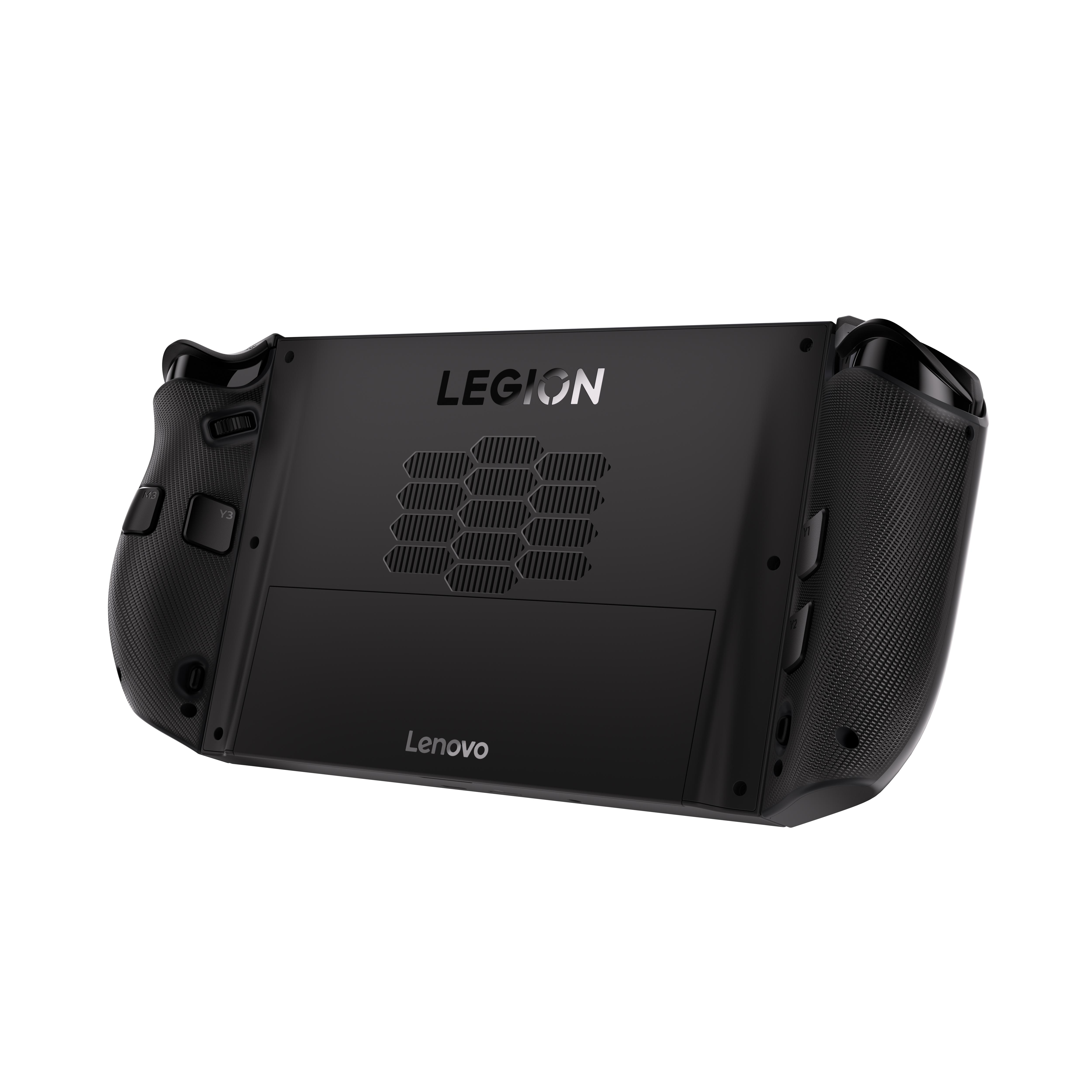 Schwarzes Lenovo Legion Handheld-Gaming-Gerät. Rückseite mit Markennamen und Lüftungsschlitzen. Seitliche strukturierte Griffe.