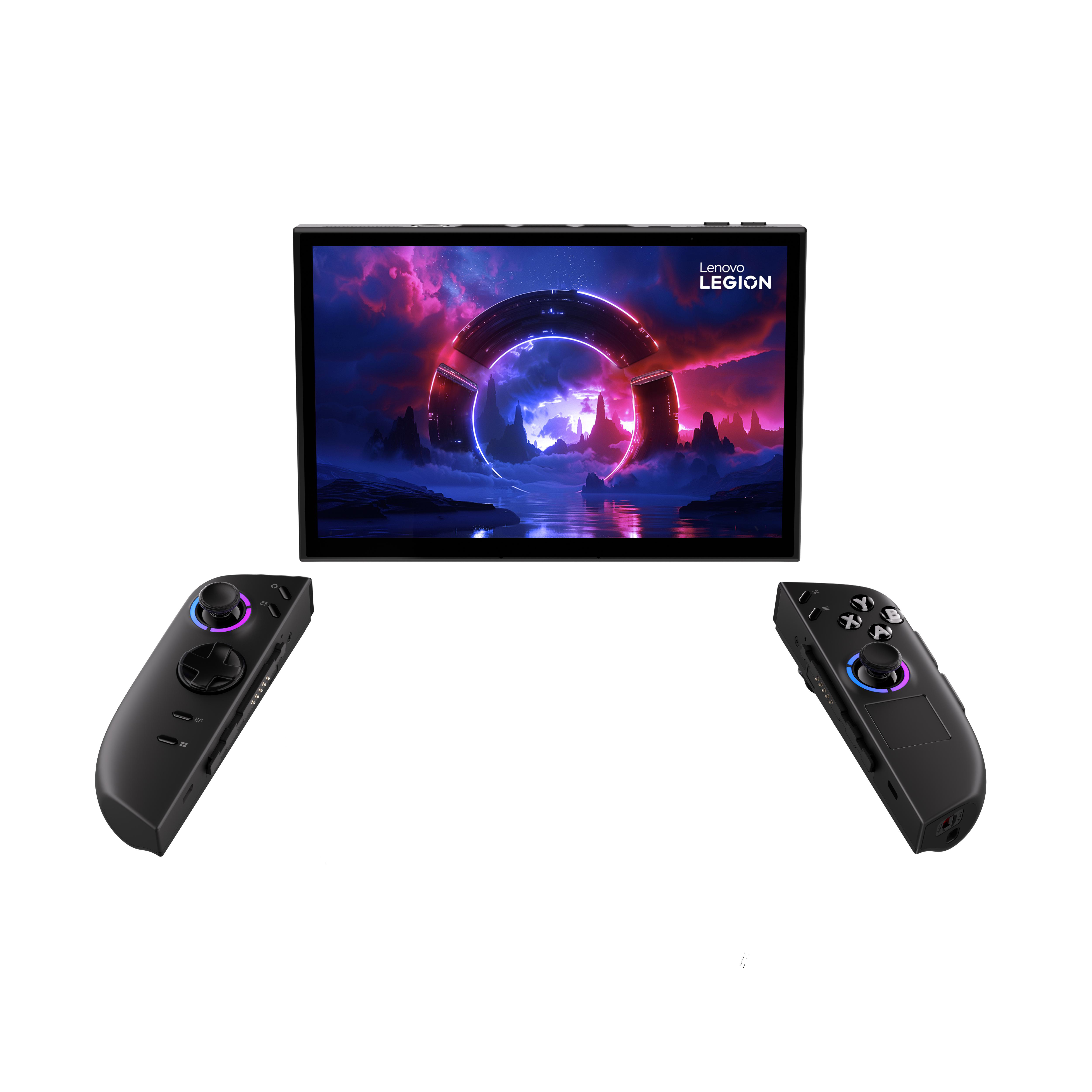 Ein schwarzes Tablet mit einem Bildschirm, der eine futuristische Landschaft zeigt. Zwei schwarze Controller.