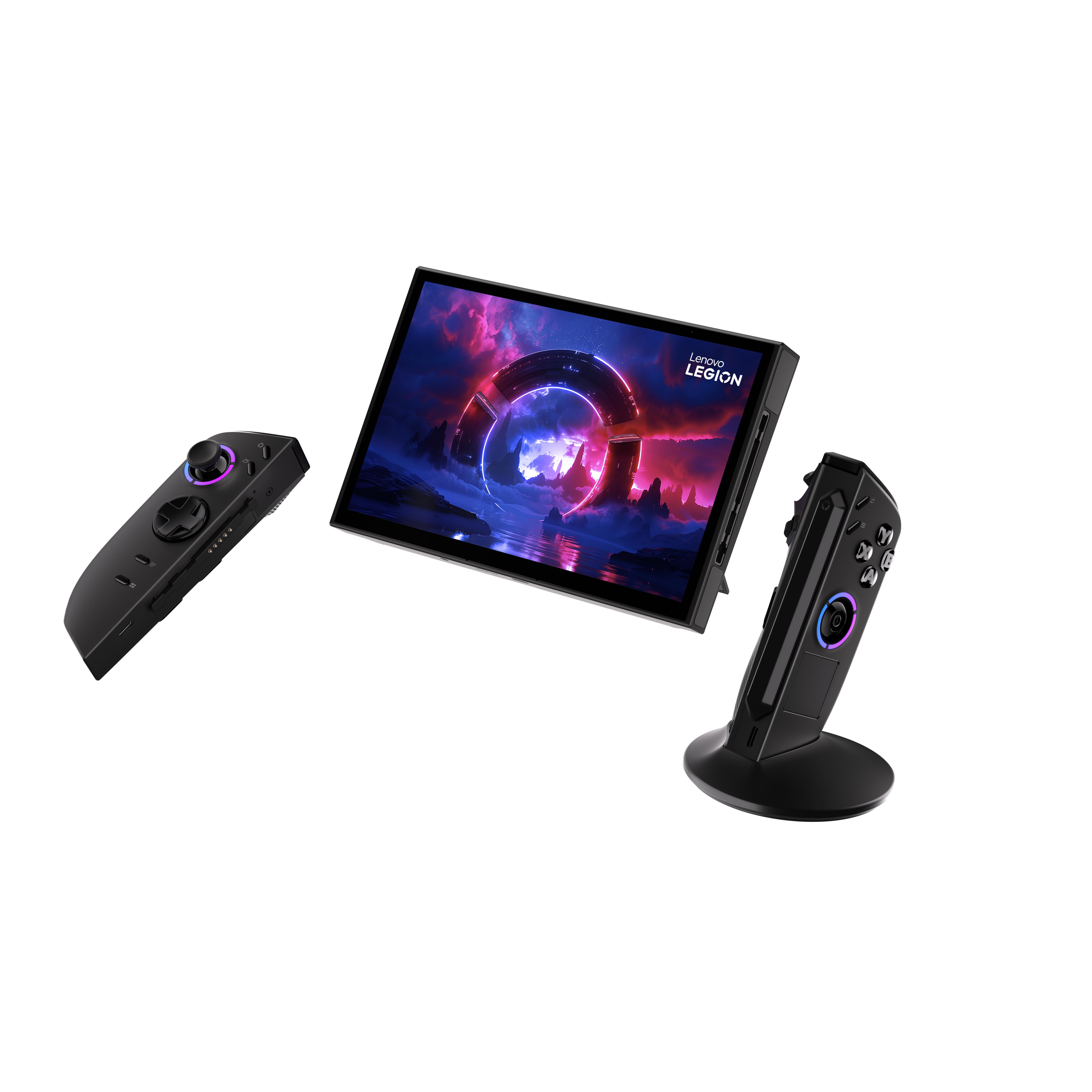 Ein Gaming-Gerät wird angezeigt, mit einem Tablet und Controllern auf jeder Seite. Der Bildschirm zeigt eine farbenfrohe Grafik.