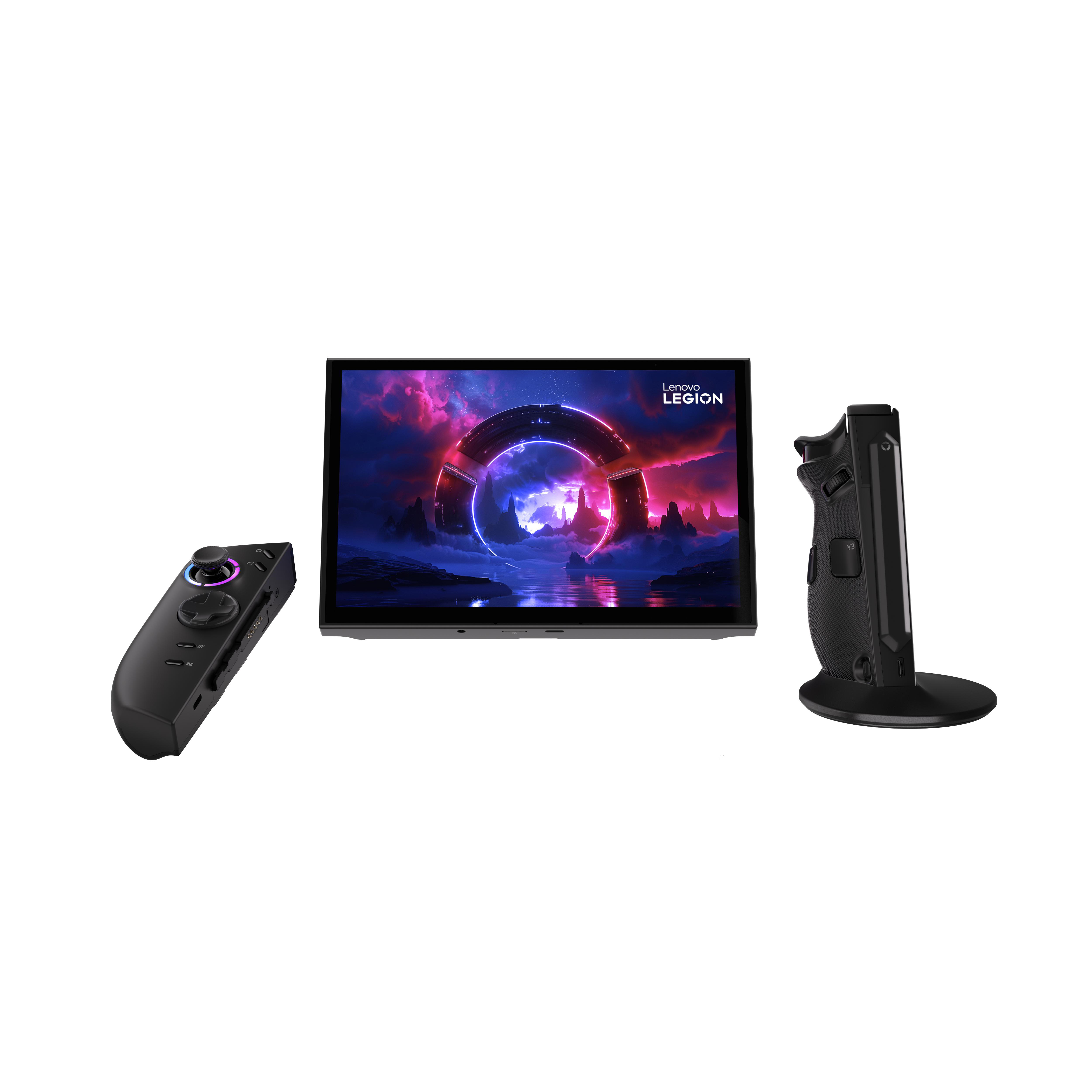 Ein schwarzes Lenovo Legion Handheld-Gaming-Gerät, mit Controller und Ständer, vor weißem Hintergrund.