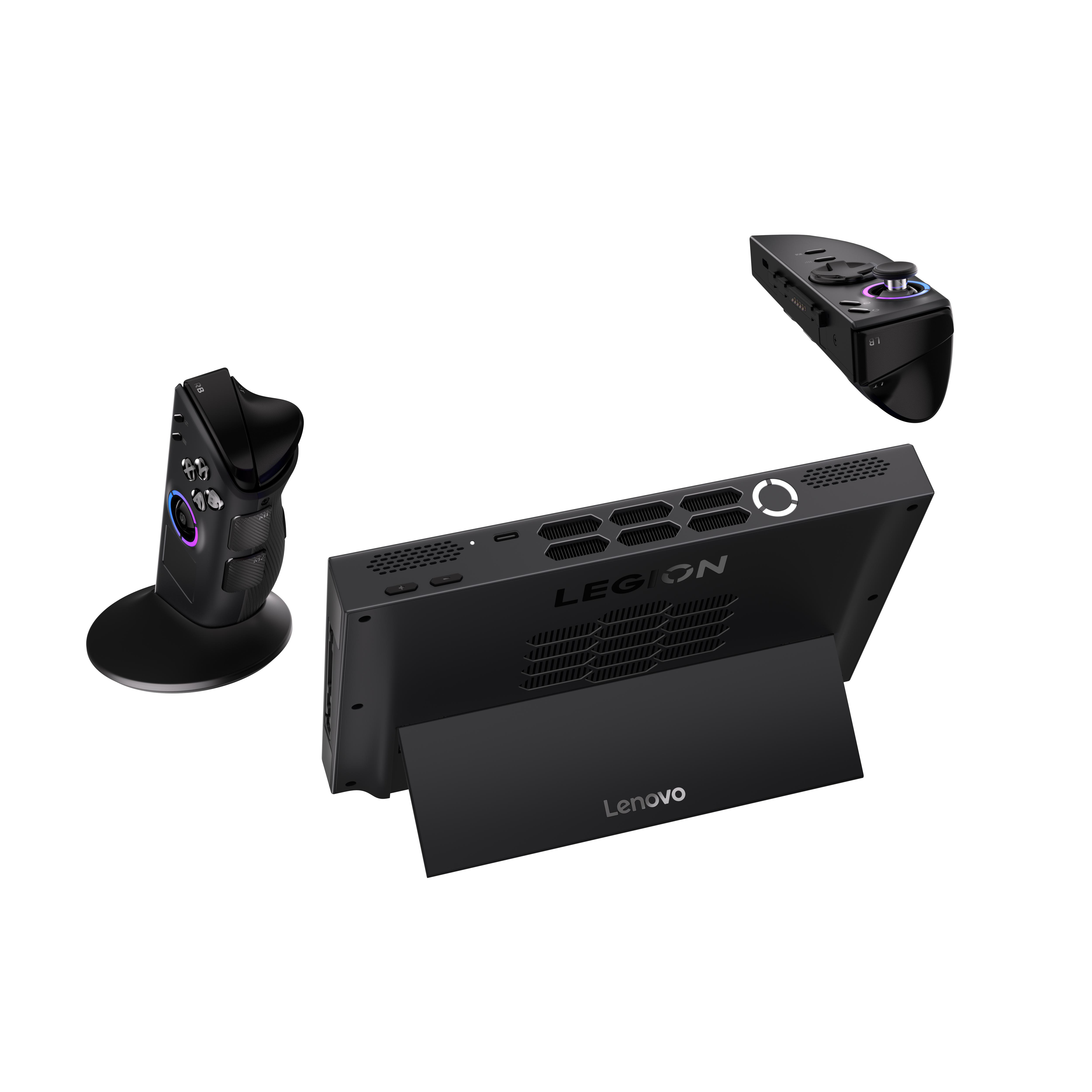 Schwarzer Gaming-PC mit Ständer, Controller und Maus. Der PC hat die Logos Legion und Lenovo.