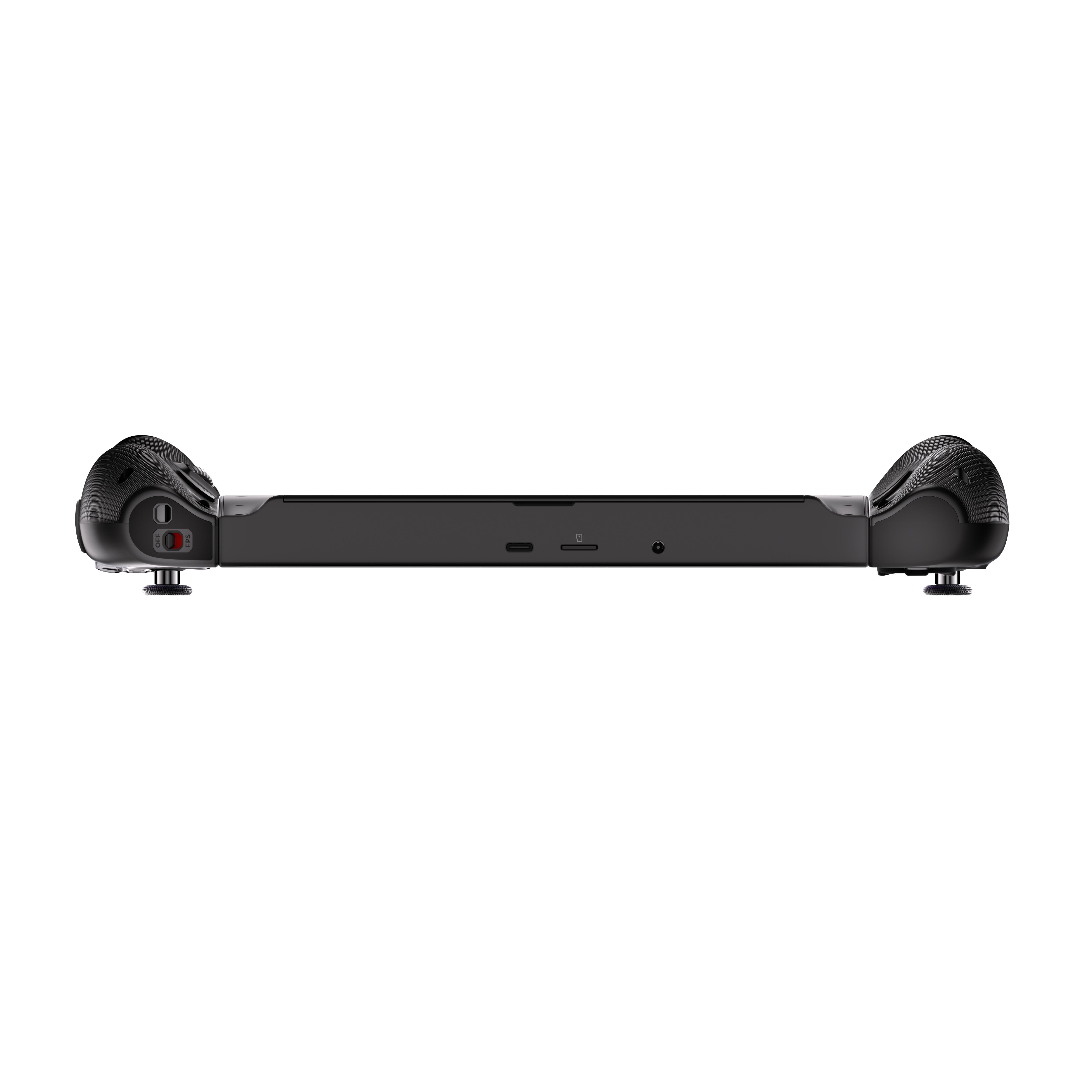 Schwarzes Handheld-Gaming-Gerät. Verfügt über Tasten, Joysticks und Anschlüsse. Isoliert auf weißem Hintergrund.