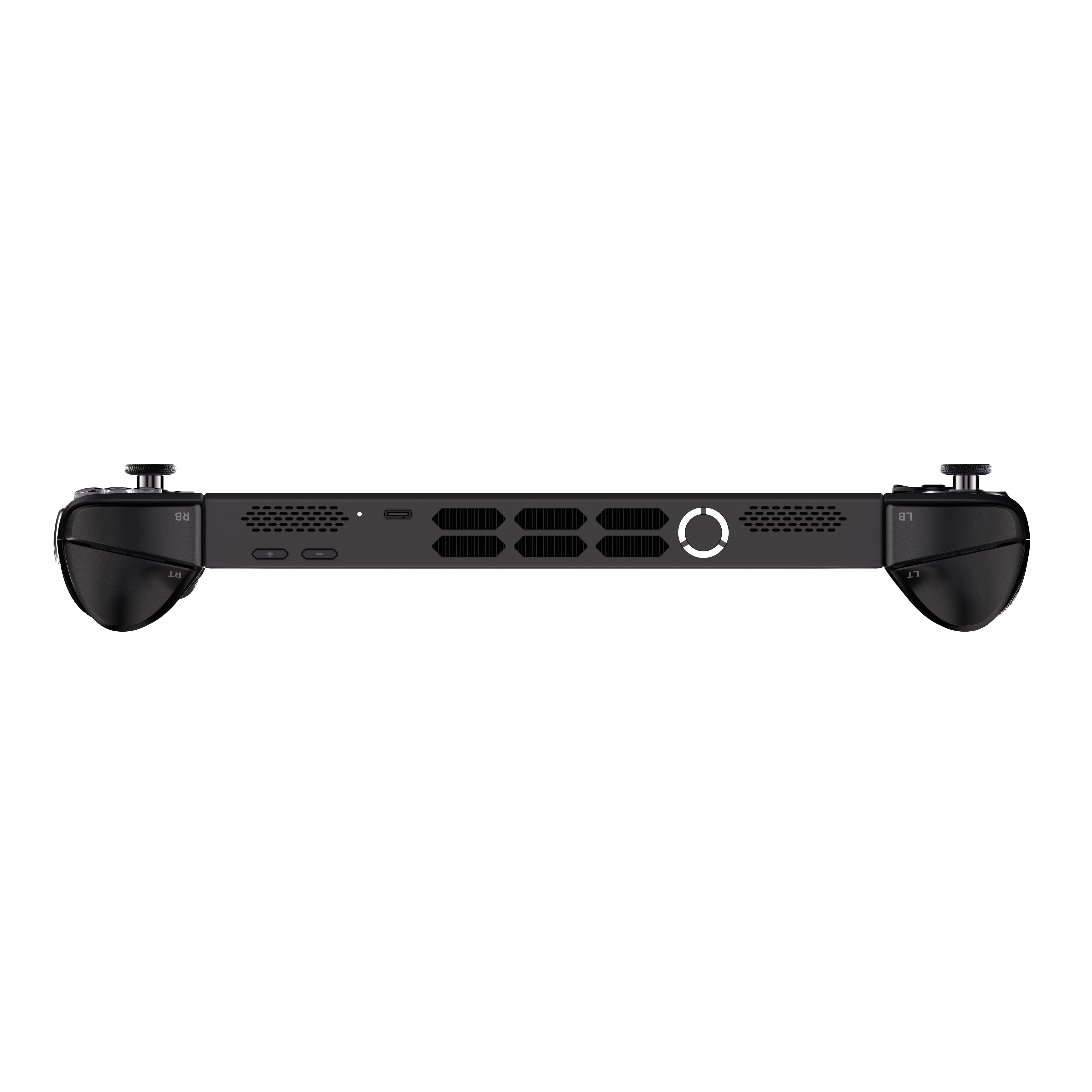 Schwarzes Handheld-Spielgerät. Es hat Knöpfe, Joysticks und ein zentrales Lüftungsdesign mit Logo.