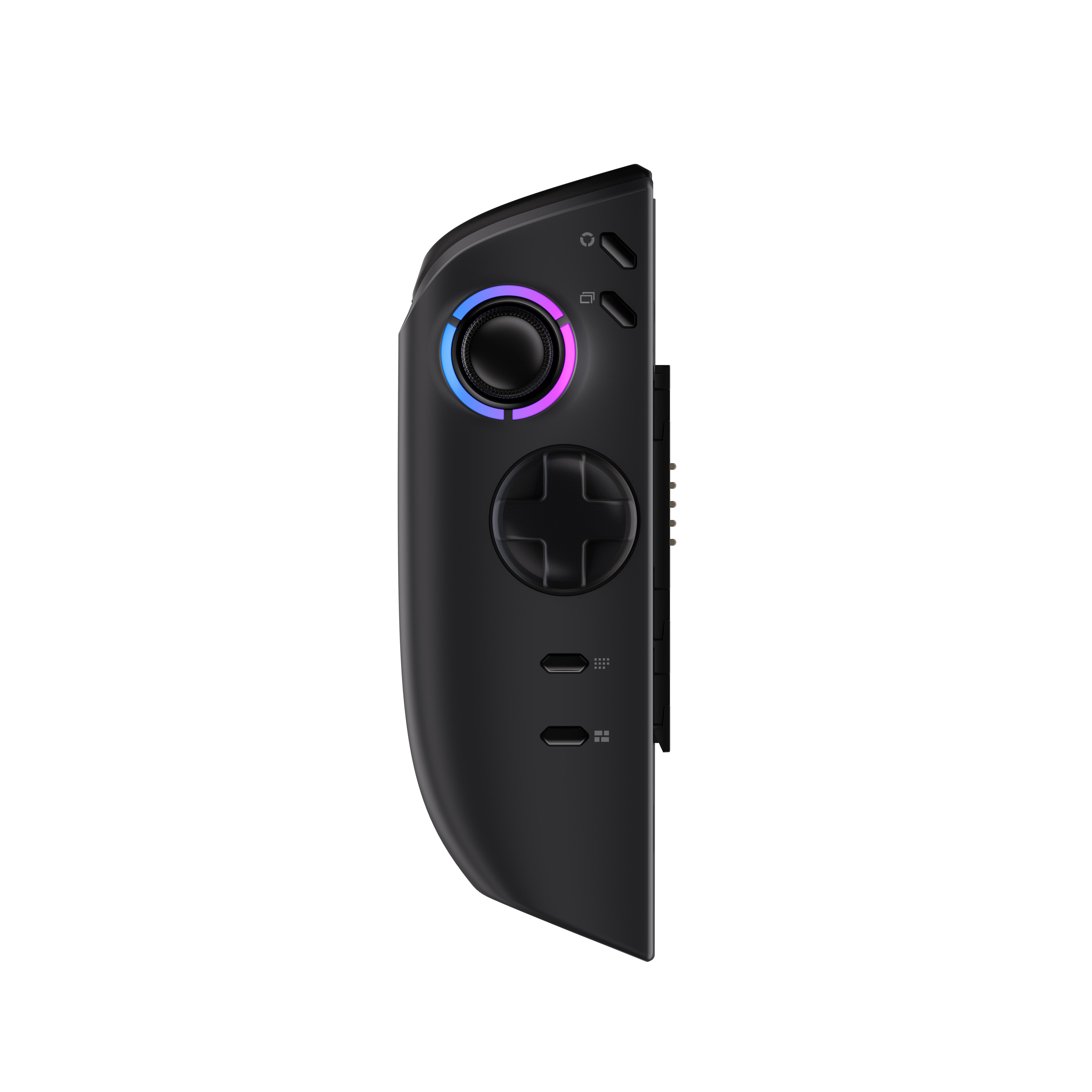 Schwarzer Gamecontroller, Seitenansicht. Mit Joystick, D-Pad, Tasten und leuchtendem Ring.