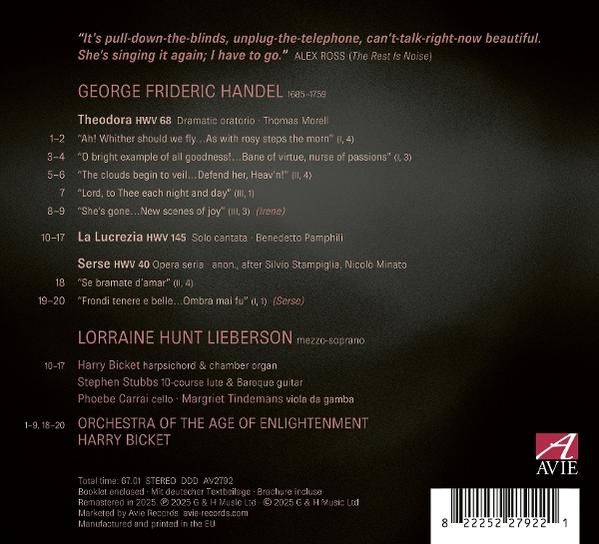 Albumcover mit Text über die Arbeit von George Frideric Handel, Lorraine Hunt Lieberson und das Orchestra of the Age of Enlightenment.