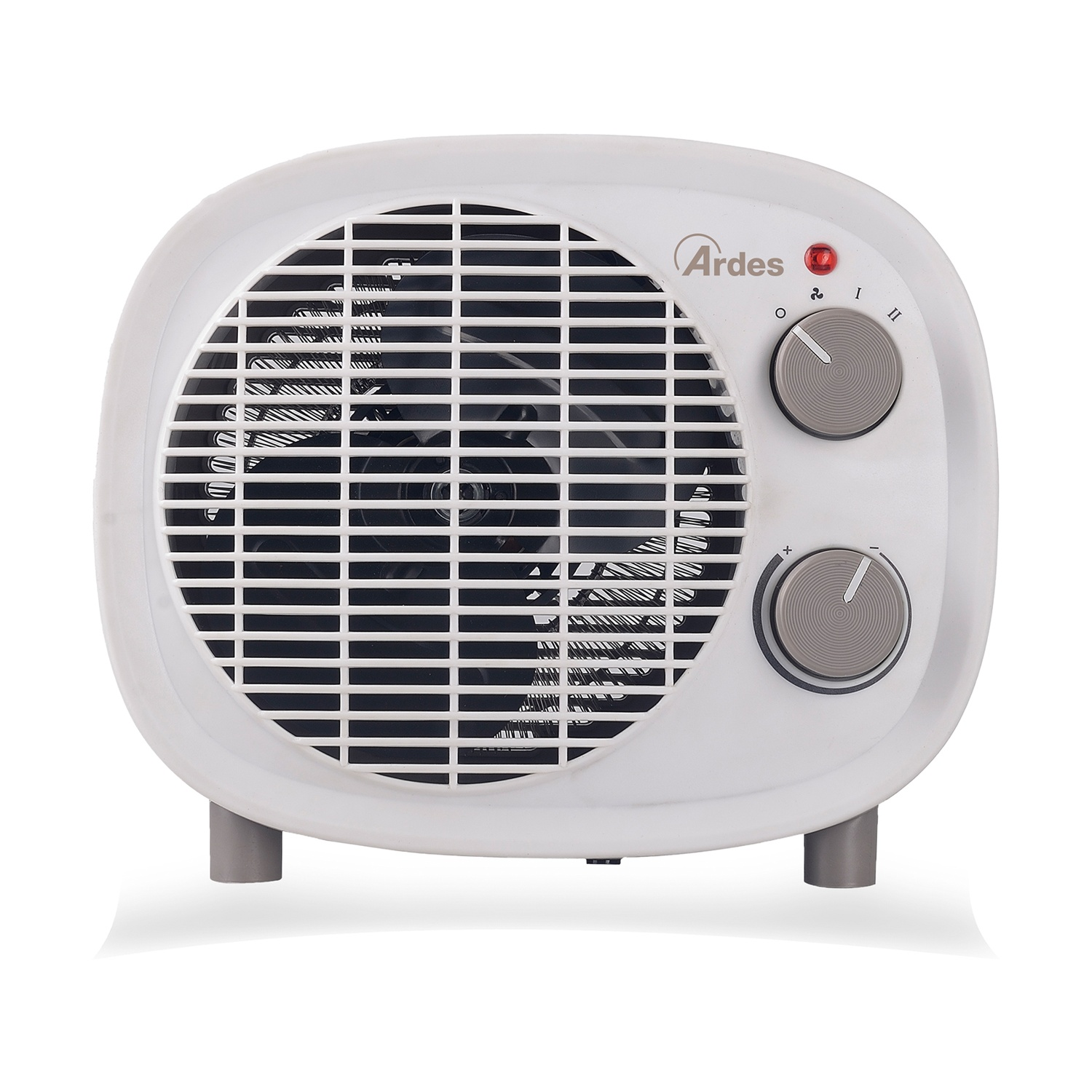 Termoventilatore elettrico Ardes bianco. Ha una ventola, due manopole e una luce rossa. Il termoventilatore poggia su gambe grigie.