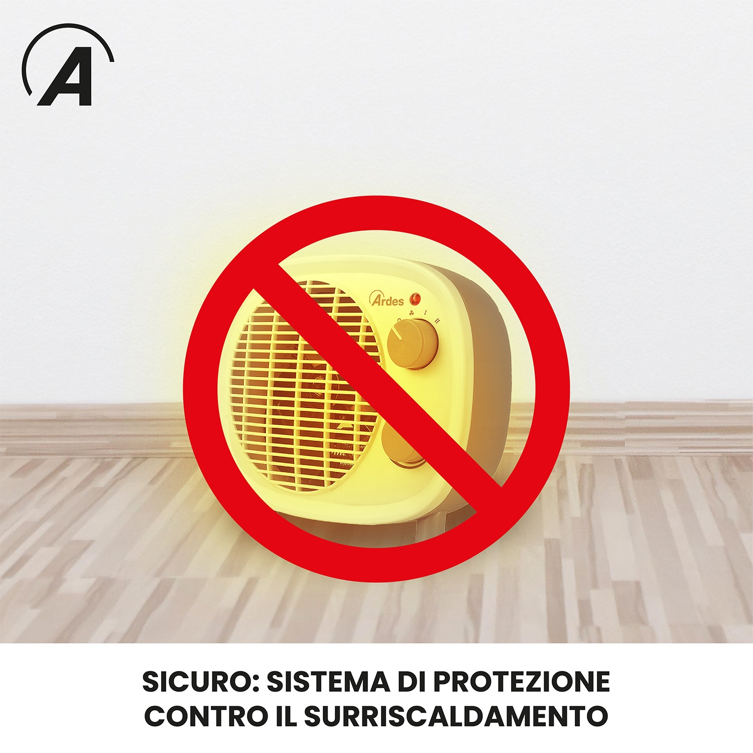Un riscaldatore giallo con un segnale di divieto rosso. Il riscaldatore ha manopole e la parola Ardes. È su un pavimento di legno con una parete bianca.