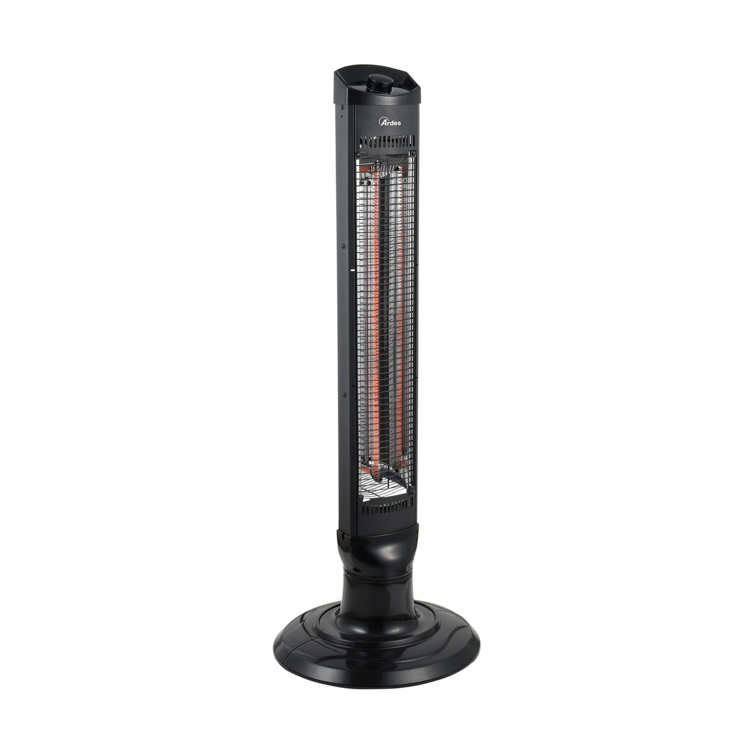 Un termoventilatore a torre nero su sfondo bianco. Ha una base rotonda, un corpo alto e rettangolare e una parte superiore con il nome del marchio.