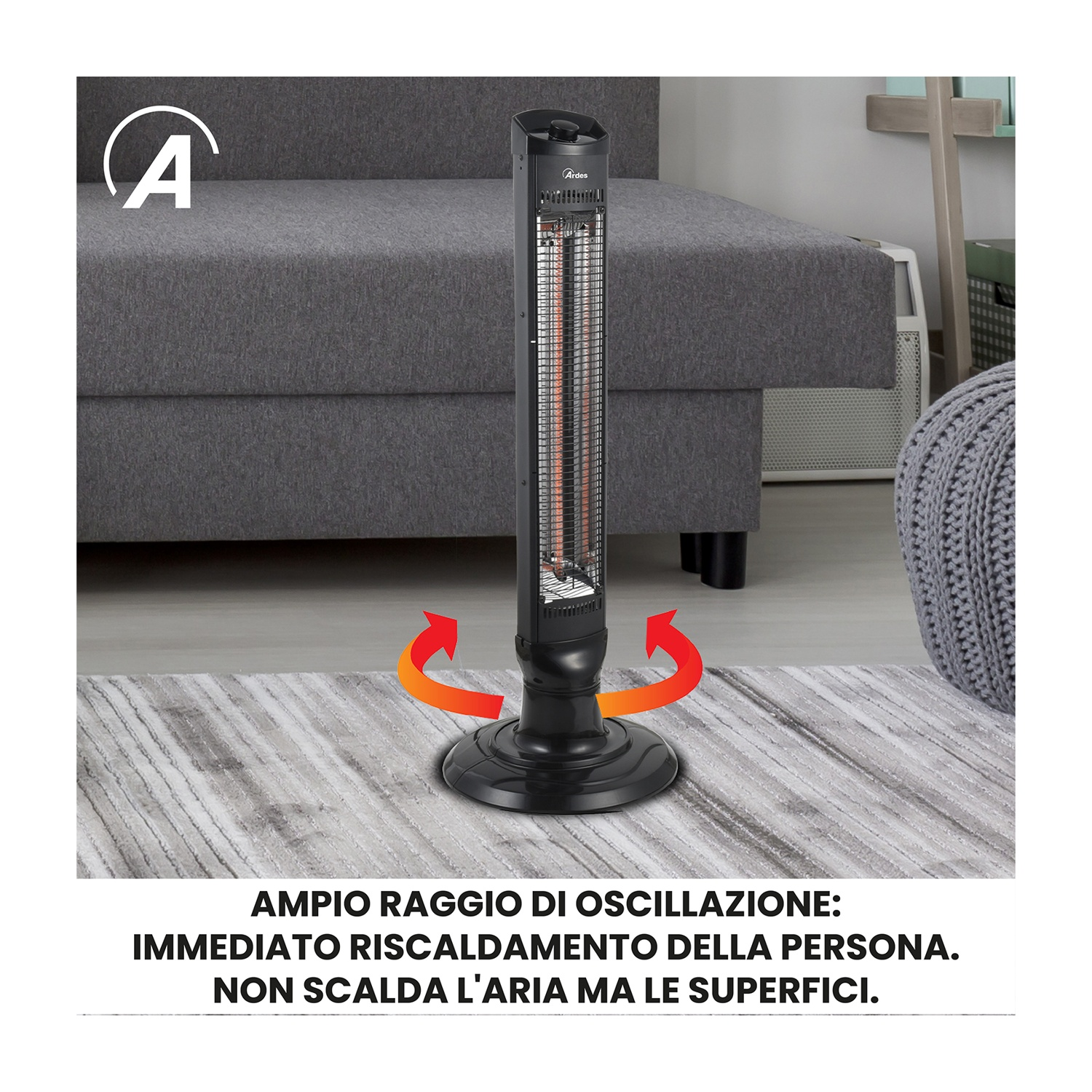 Un termoventilatore a torre nero su un tappeto, con un divano grigio sullo sfondo. Frecce rosse indicano l'oscillazione.