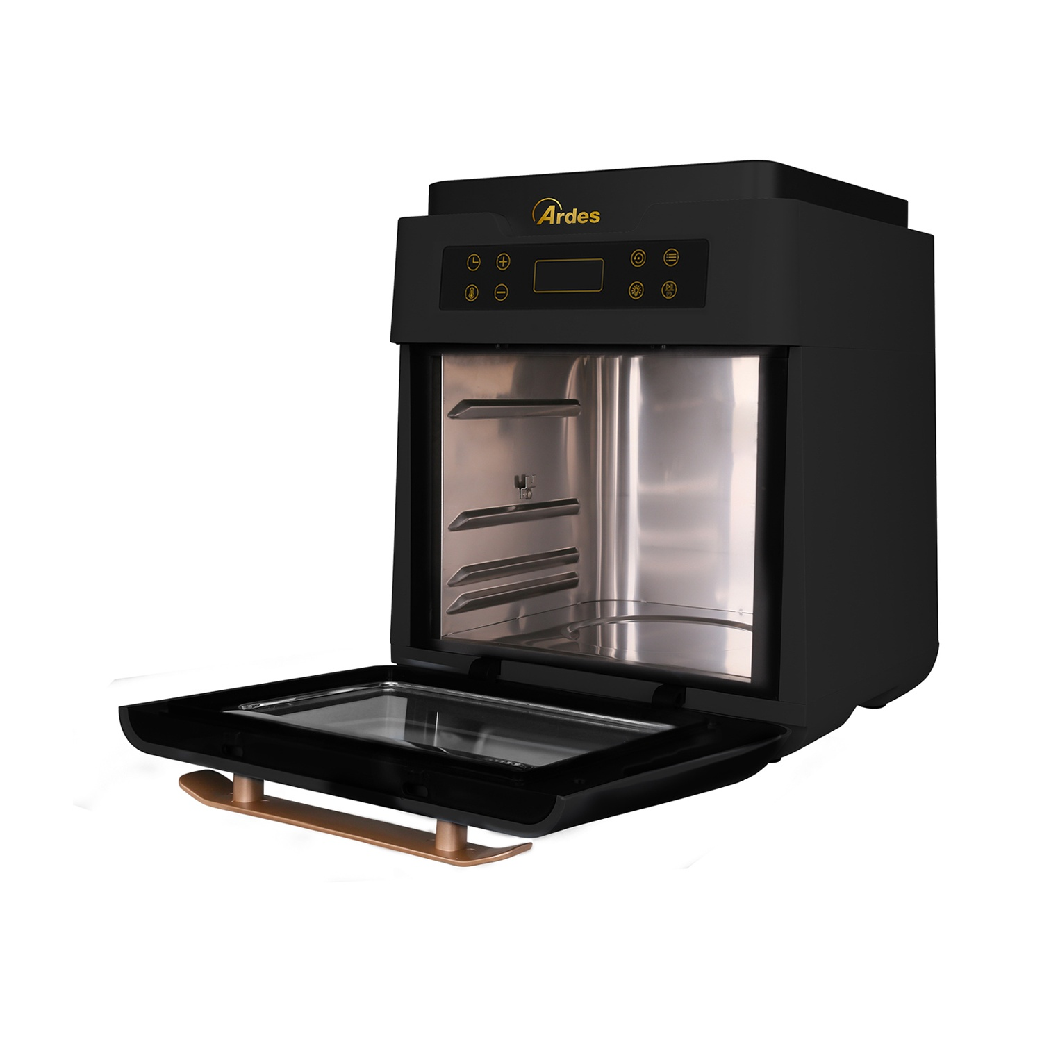 Forno friggitrice ad aria Ardes nero con porta aperta, che mostra i ripiani interni. Accenti dorati e un pannello display sono visibili.