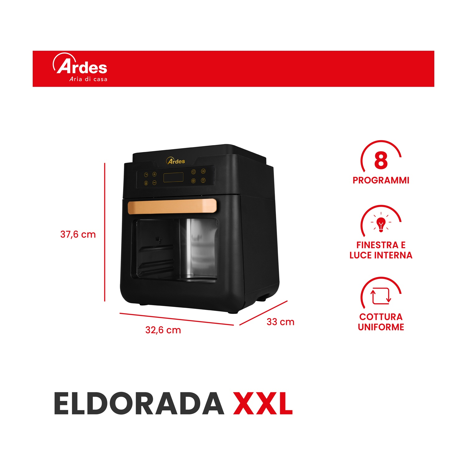 Friggitrice ad aria Ardes Eldorada XXL nera. Caratteristiche: 8 programmi, luce interna e cottura uniforme. Dimensioni visualizzate.