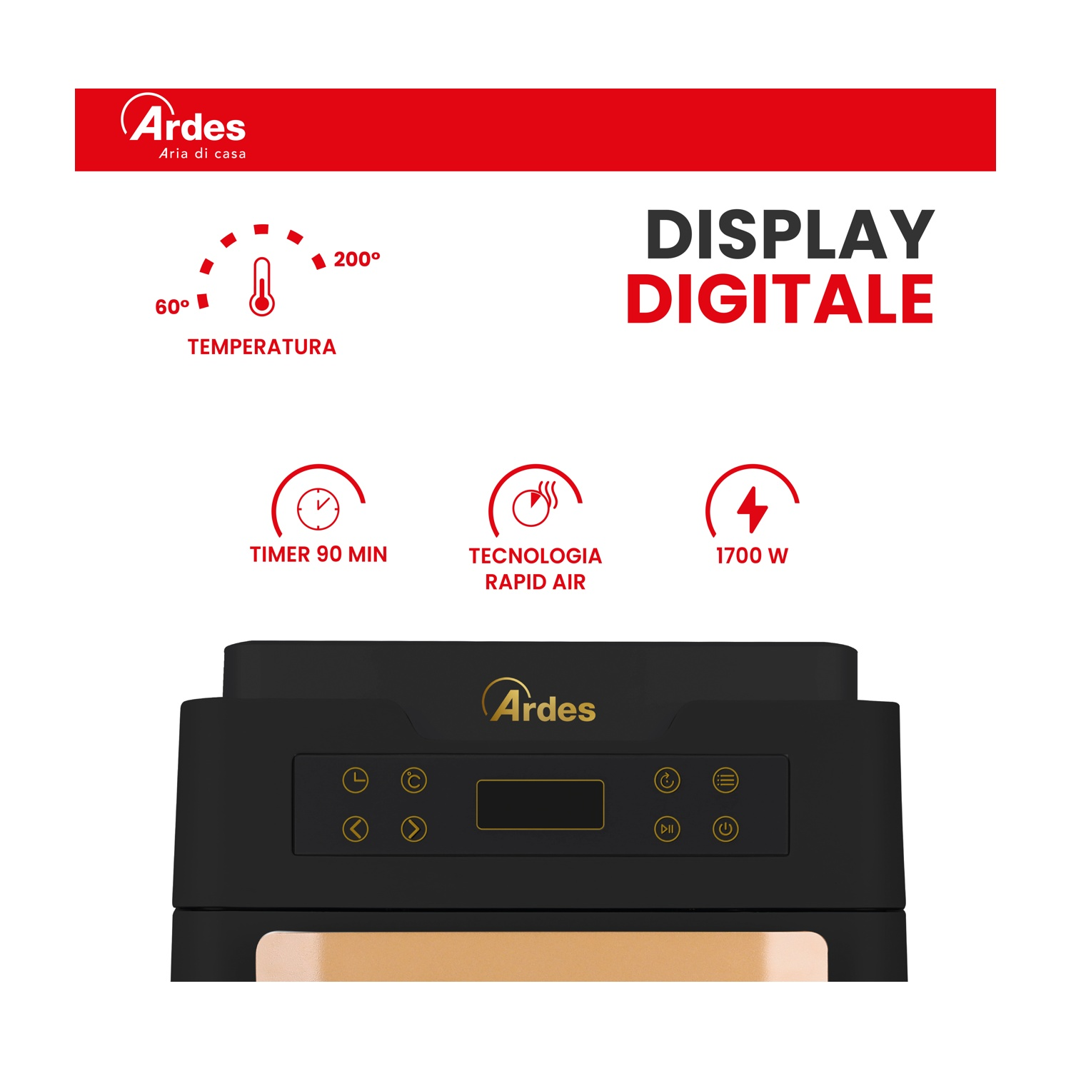 Friggitrice ad aria Ardes con display digitale. Mostra temperatura, timer e potenza. Testo: Display Digitale, Tecnologia Rapid Air.