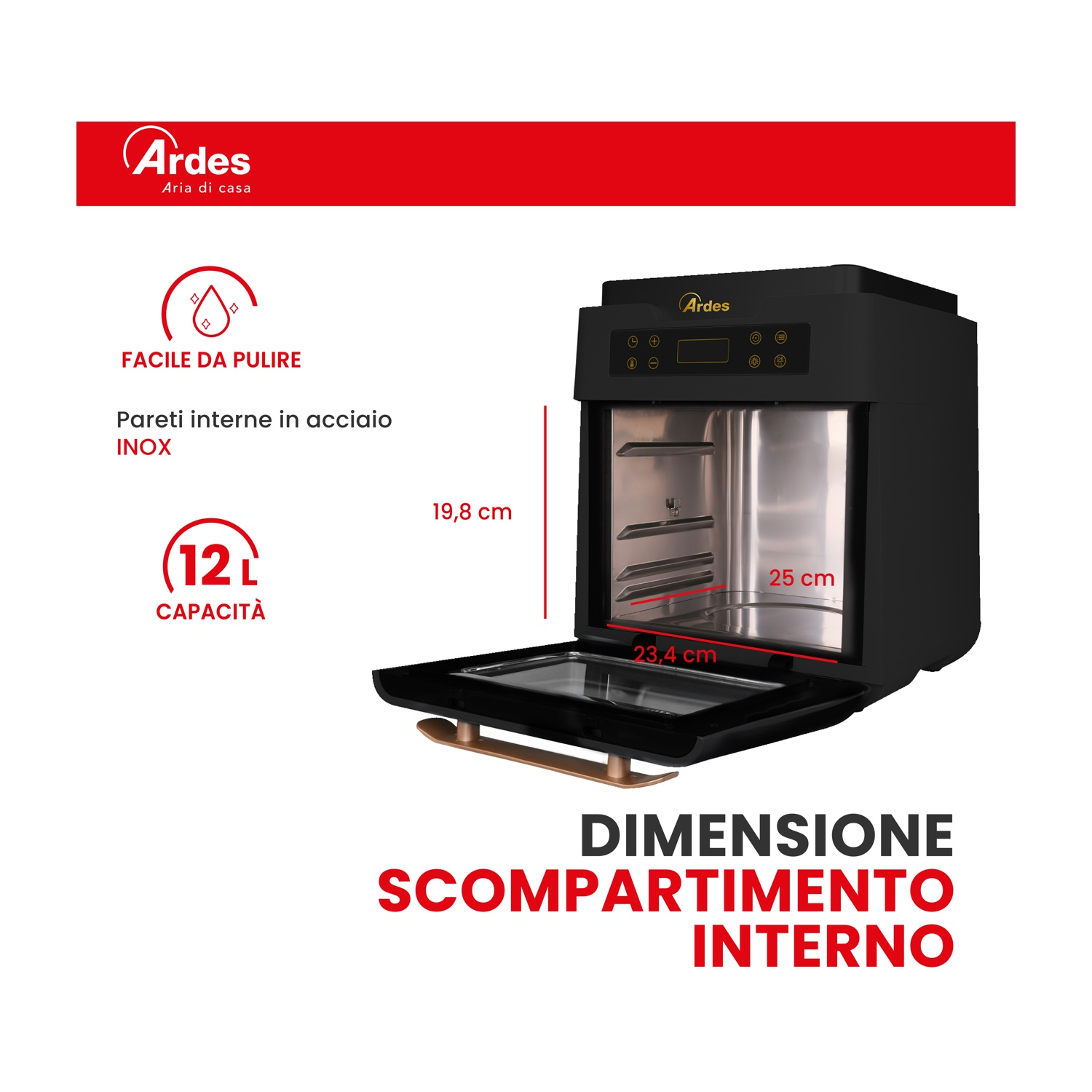 Un forno Ardes nero con la porta aperta, che mostra l'interno. Dimensioni e caratteristiche sono evidenziate con testo e misure.