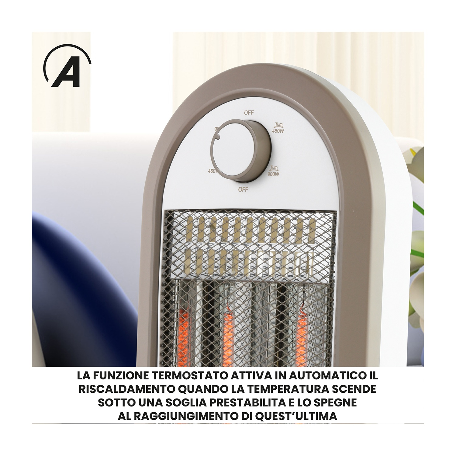 Un termoventilatore elettrico bianco e marrone con quadrante, griglia metallica ed elementi riscaldanti visibili. Testo in italiano.