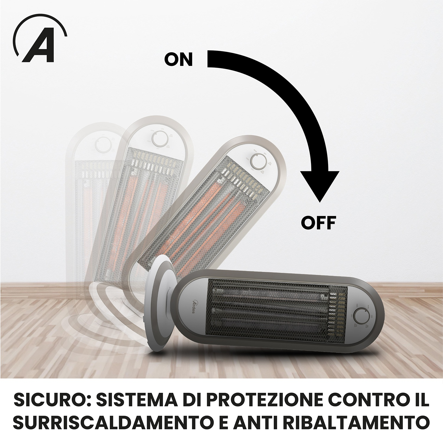 Un riscaldatore elettrico con un quadrante, mostrato in diverse posizioni con una freccia che indica acceso/spento. Testo in basso.