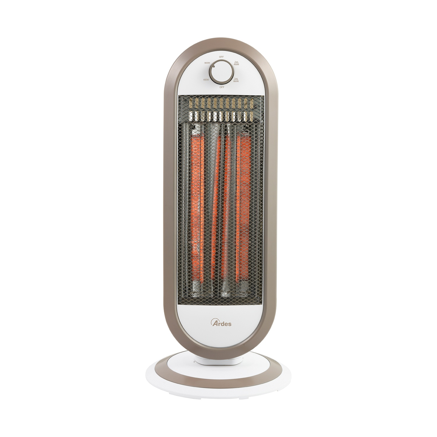 Un termoventilatore elettrico verticale con un design marrone e bianco. Ha una parte anteriore a rete, elementi riscaldanti visibili e un pannello.