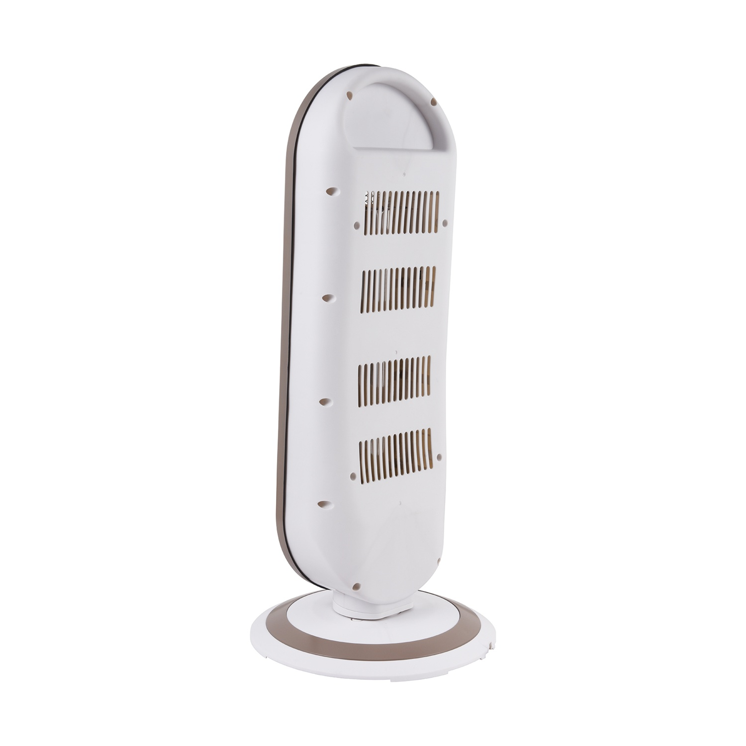 Un termoventilatore elettrico bianco e marrone è su una superficie bianca. Ha fessure di ventilazione e una maniglia.