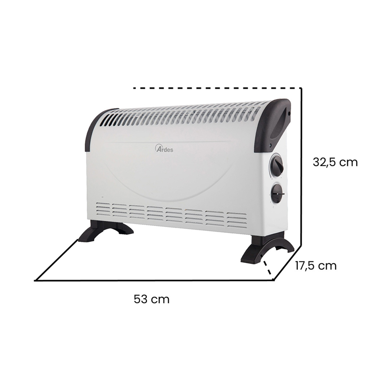 Un termoventilatore elettrico bianco con dettagli neri e logo Ardes. Dimensioni: 53 cm di lunghezza, 32,5 cm di altezza e 17,5 cm di profondità.