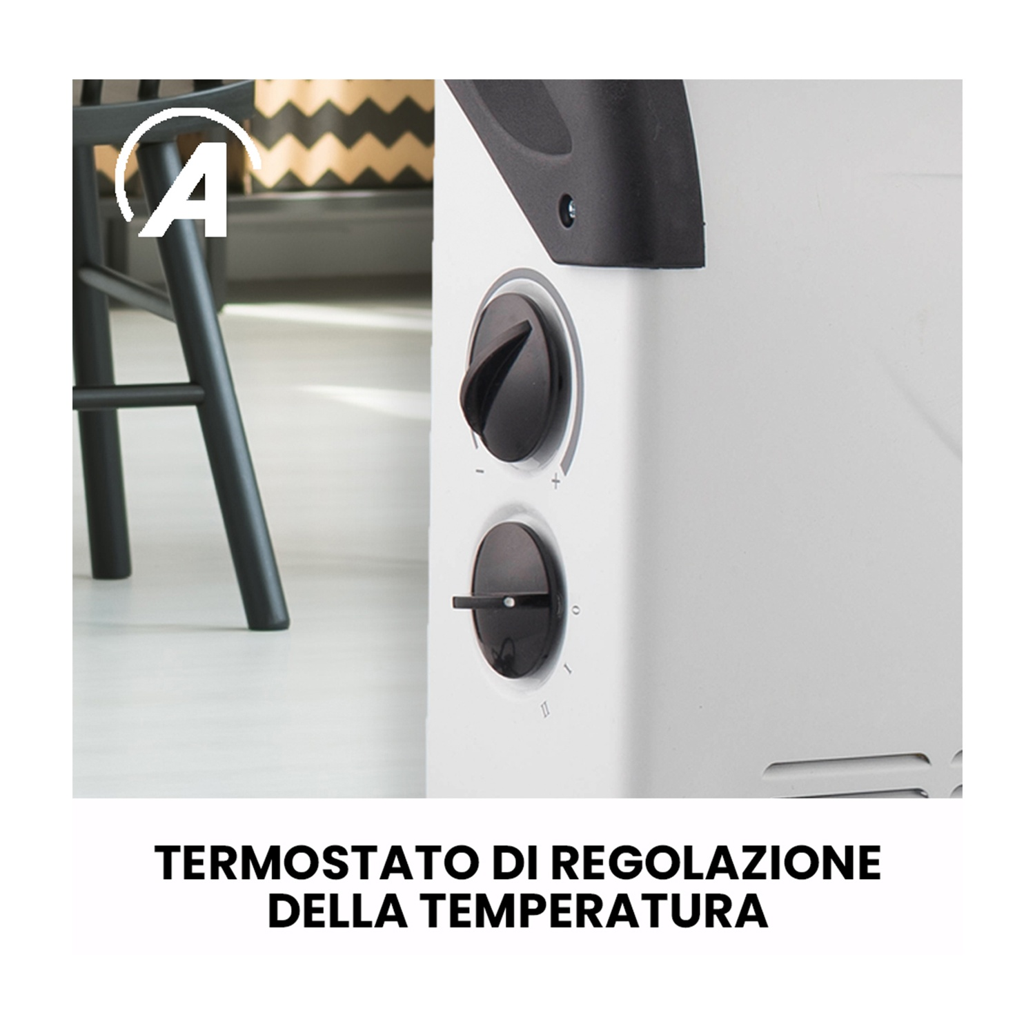 Primo piano di un elettrodomestico bianco con manopole nere per il controllo della temperatura. Gamba di sedia nera a sinistra. Testo in basso.