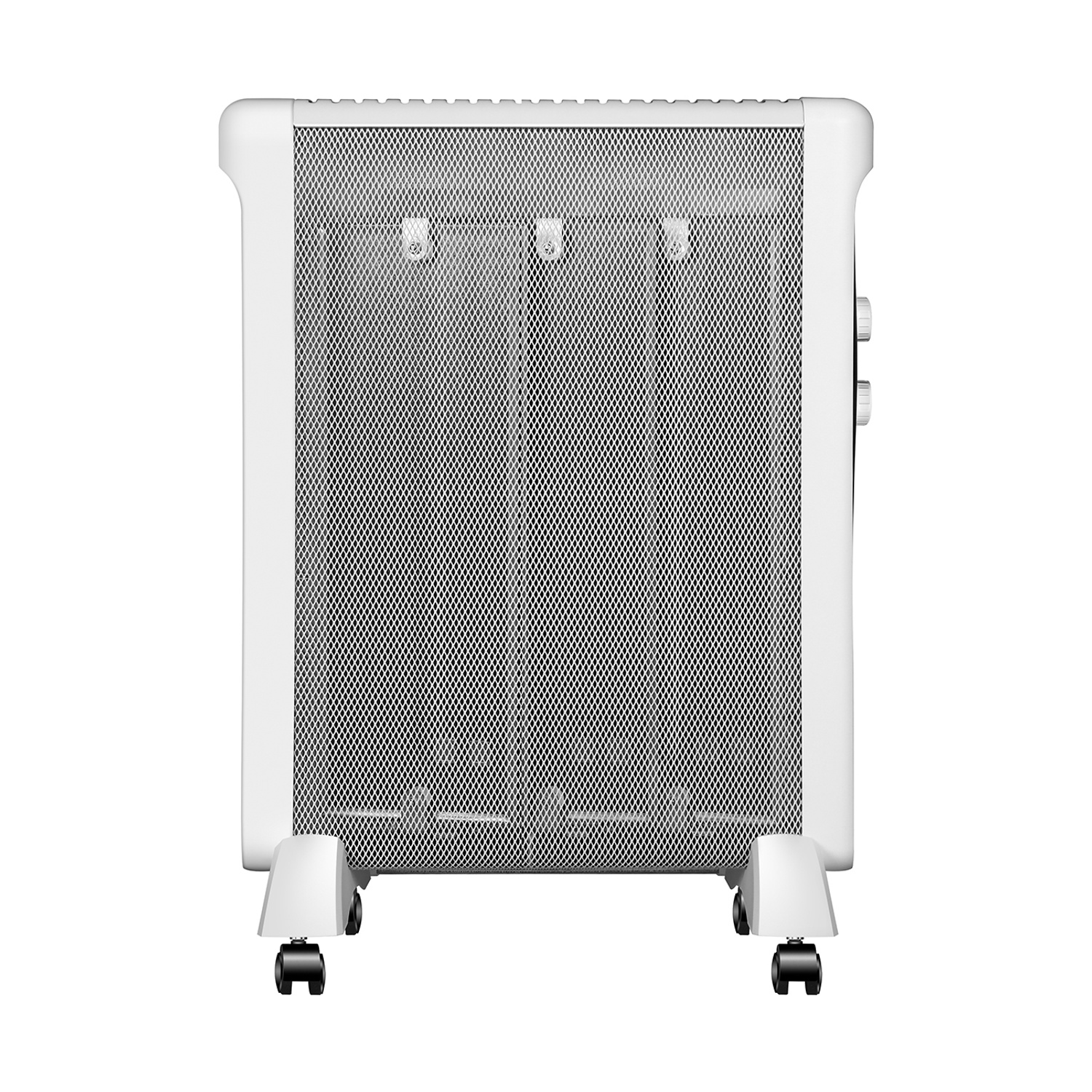 Un radiatore elettrico bianco con una parte anteriore a rete nera, due manopole di controllo e quattro ruote, su sfondo bianco.