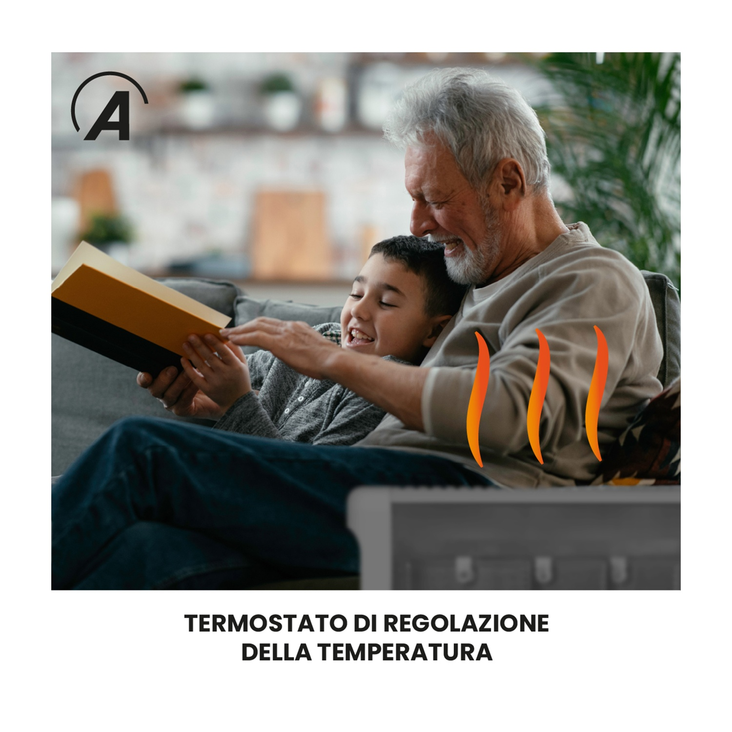 Un uomo anziano e un bambino leggono un libro insieme su un divano. Grafica delle fiamme a destra, testo sottostante: termostato di controllo della temperatura.