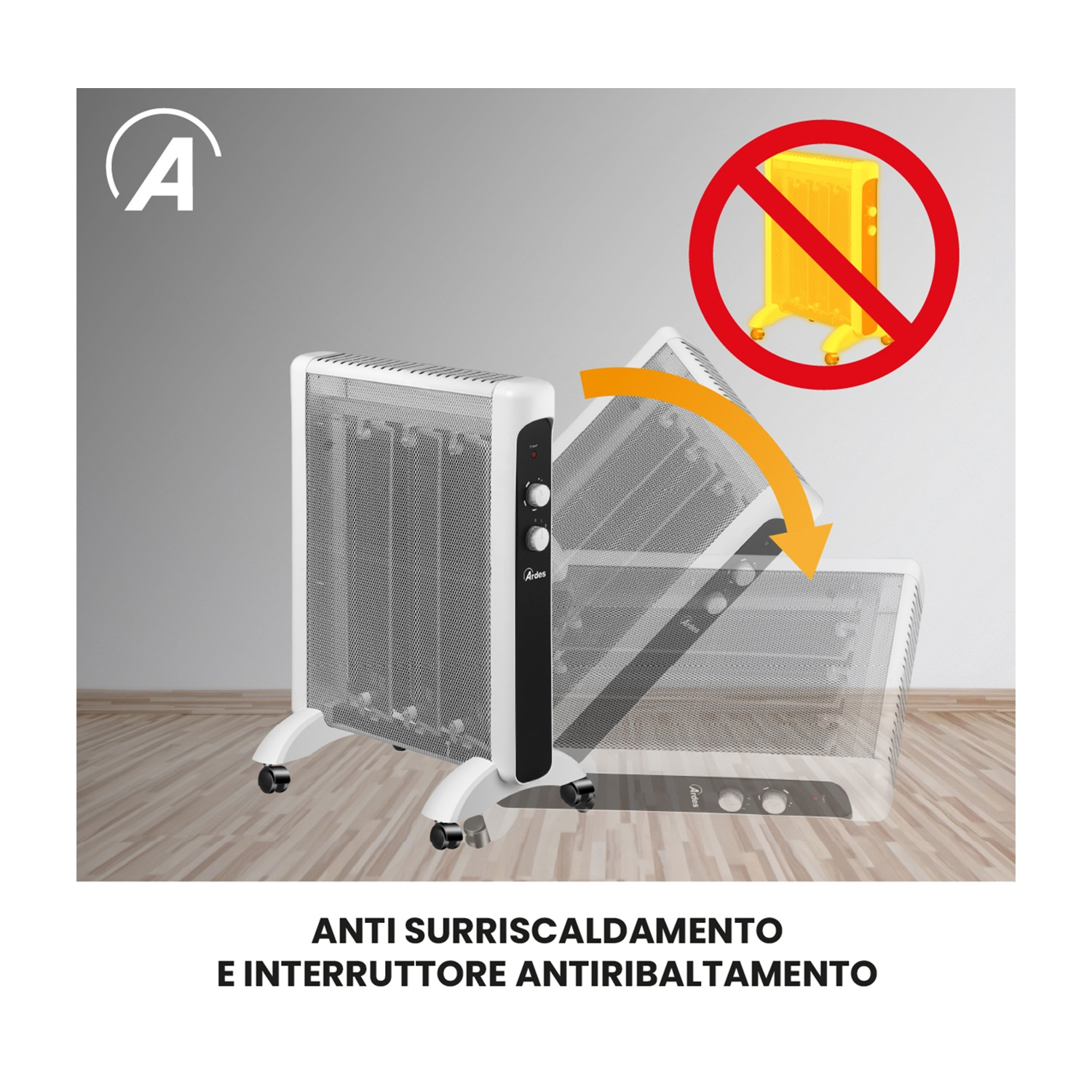 Un termoventilatore bianco e nero con illustrazione di sicurezza. Un'icona del termoventilatore gialla sbarrata.
