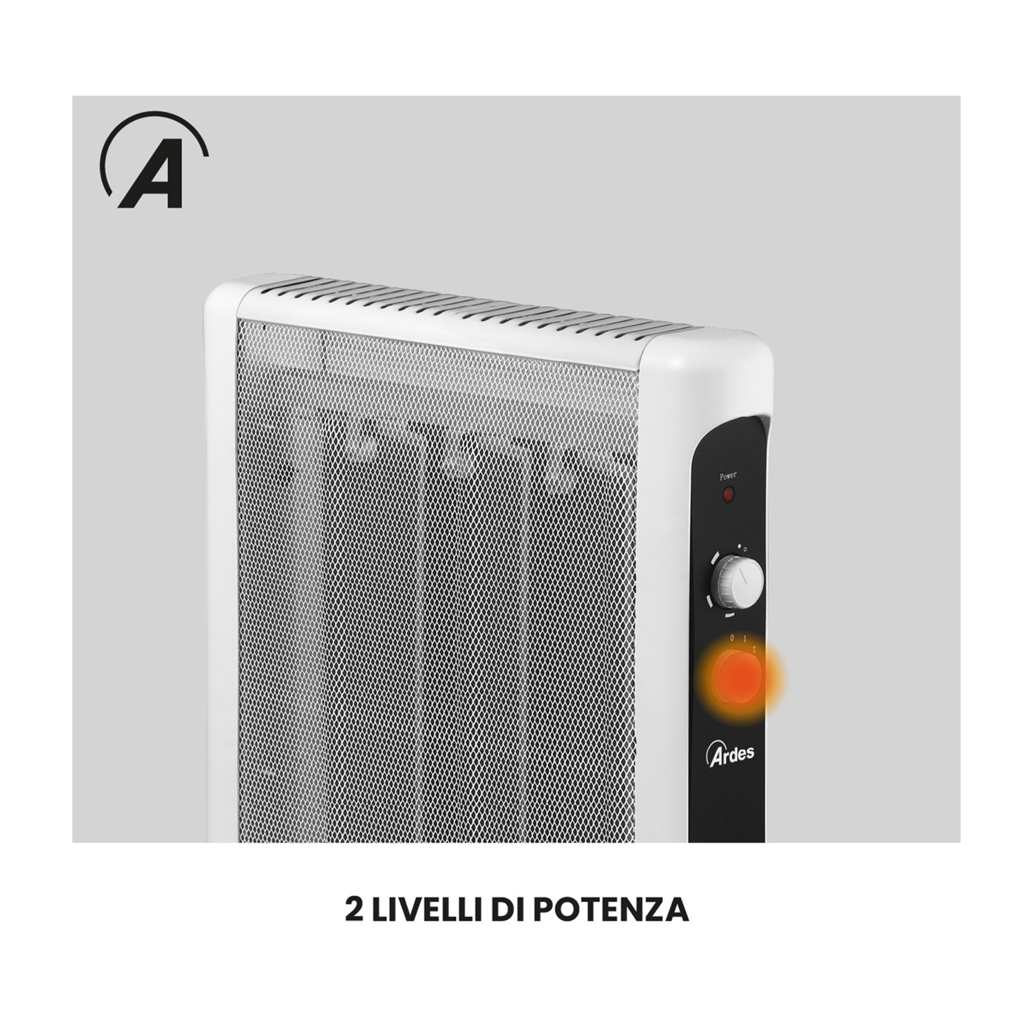 Termoconvettore elettrico bianco con pannello di controllo nero e indicatore di alimentazione. Il marchio è Ardes. Il testo in basso dice: 2 livelli di potenza.