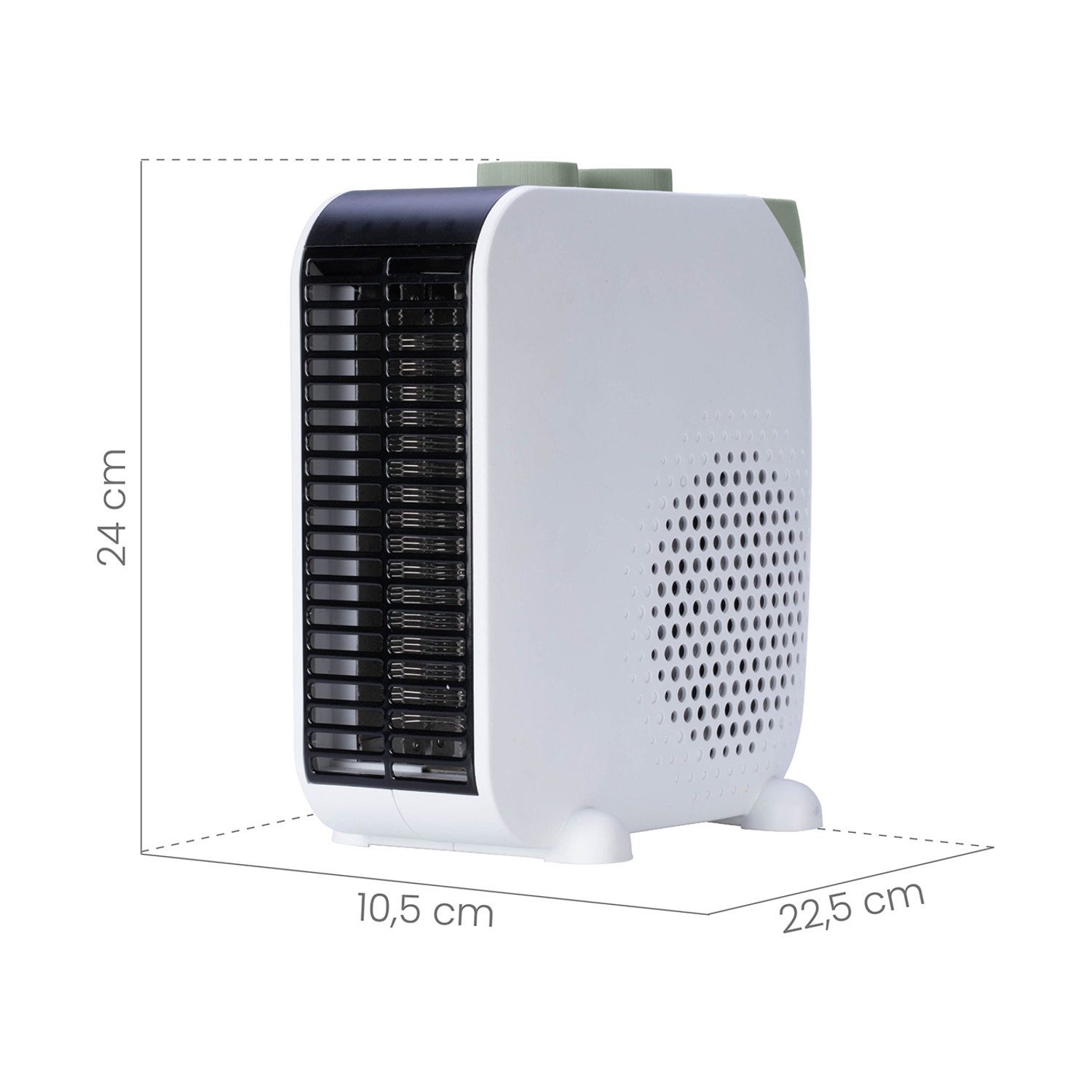Termoventilatore elettrico bianco e nero. Dimensioni: 24 cm altezza, 10,5 cm larghezza, 22,5 cm profondità. Accenti verdi.