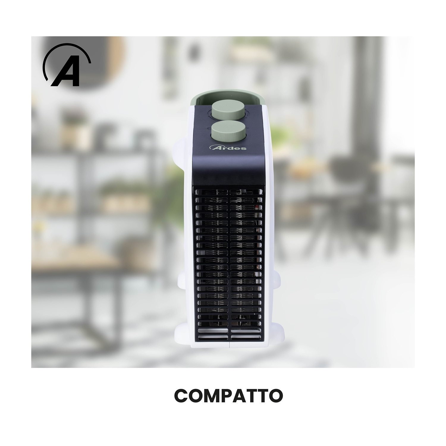 Un riscaldatore elettrico bianco e nero con manopole verdi è esposto su uno sfondo sfocato. La parola COMPATTO è scritta sotto.