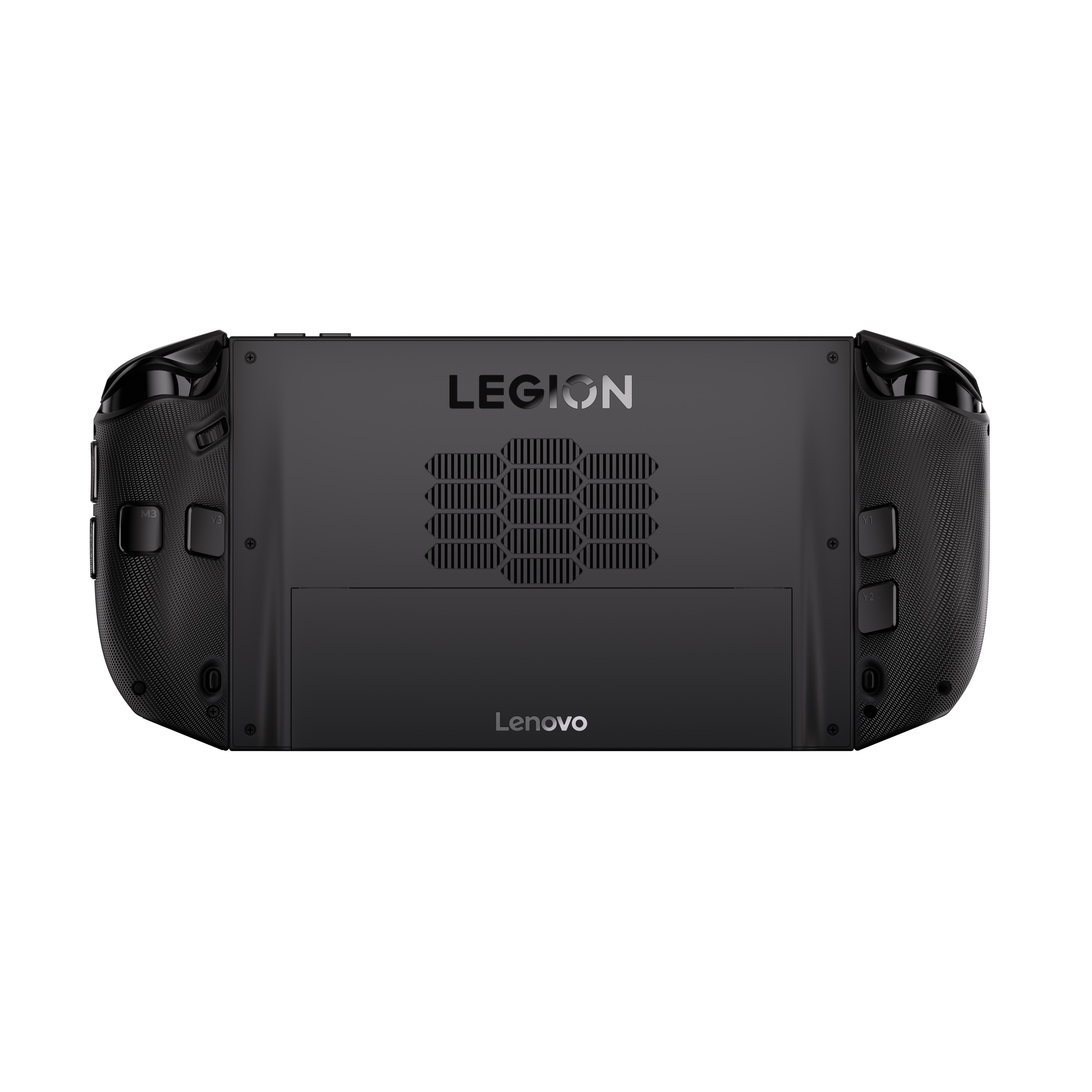 Schwarze Lenovo Legion Handheld-Konsole. Mit Legion-Logo, Belüftung und Lenovo-Branding. Enthält Tasten und Auslöser.