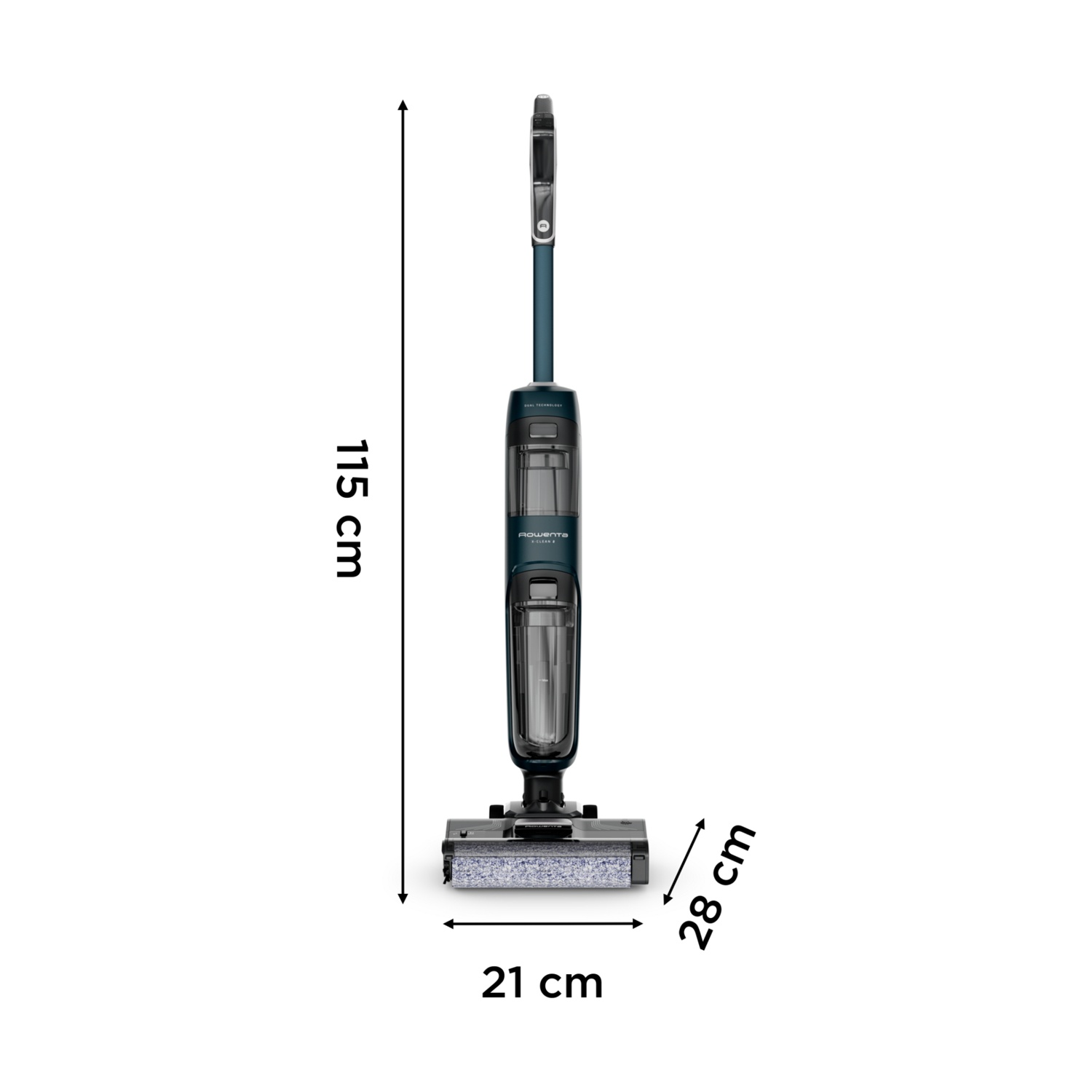 Un aspirapolvere verde acqua e nero, alto 115 cm, largo 21 cm e profondo 28 cm, su sfondo bianco. Ha un'impugnatura e una testina.
