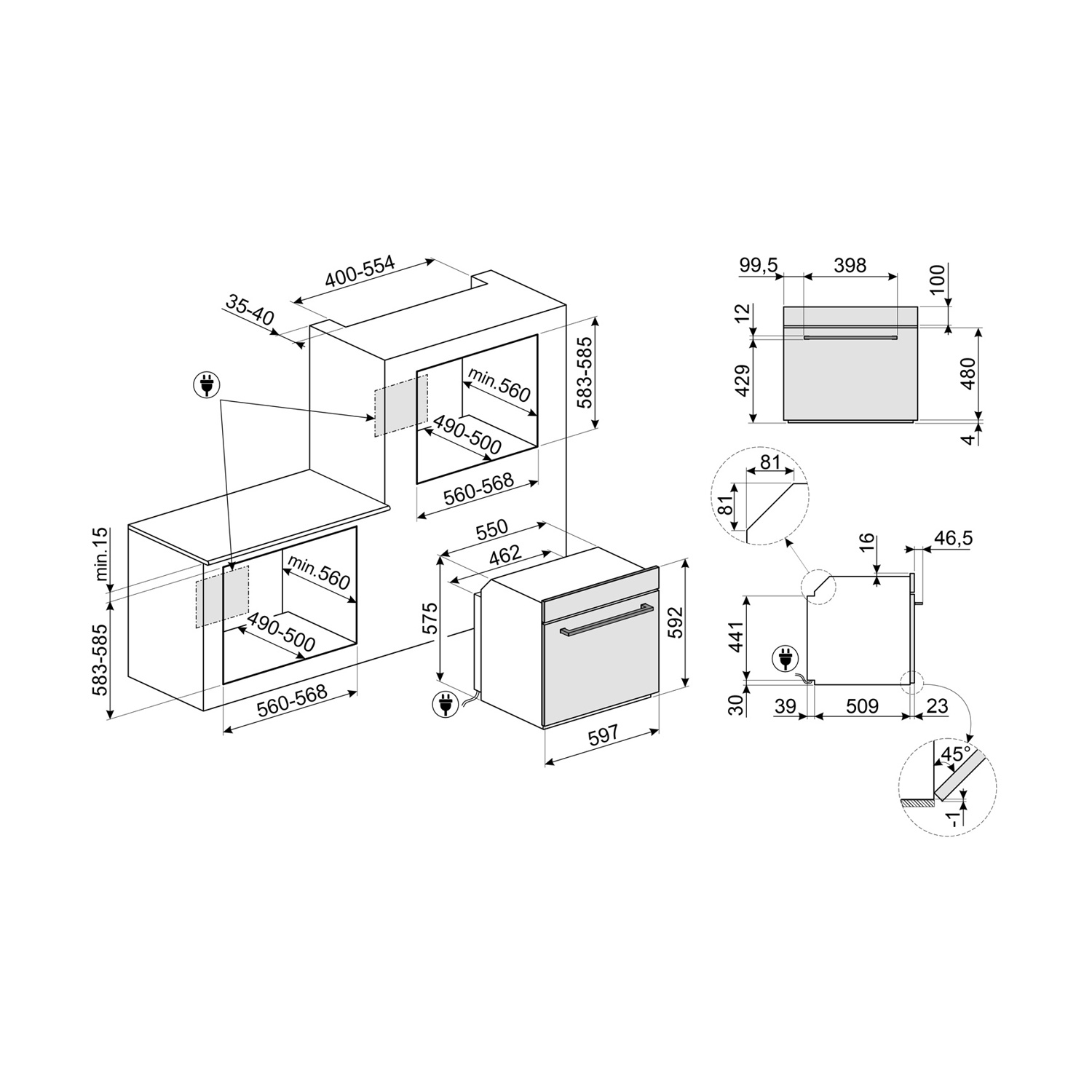 Disegno tecnico di tre elettrodomestici. Le dimensioni sono indicate con frecce e numeri in millimetri.