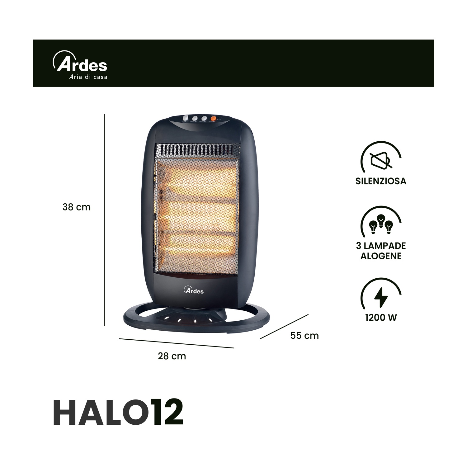 Un riscaldatore alogeno nero Ardes Halo12. Ha dimensioni, icone per il funzionamento silenzioso, 3 lampade alogene e 1200W di potenza.