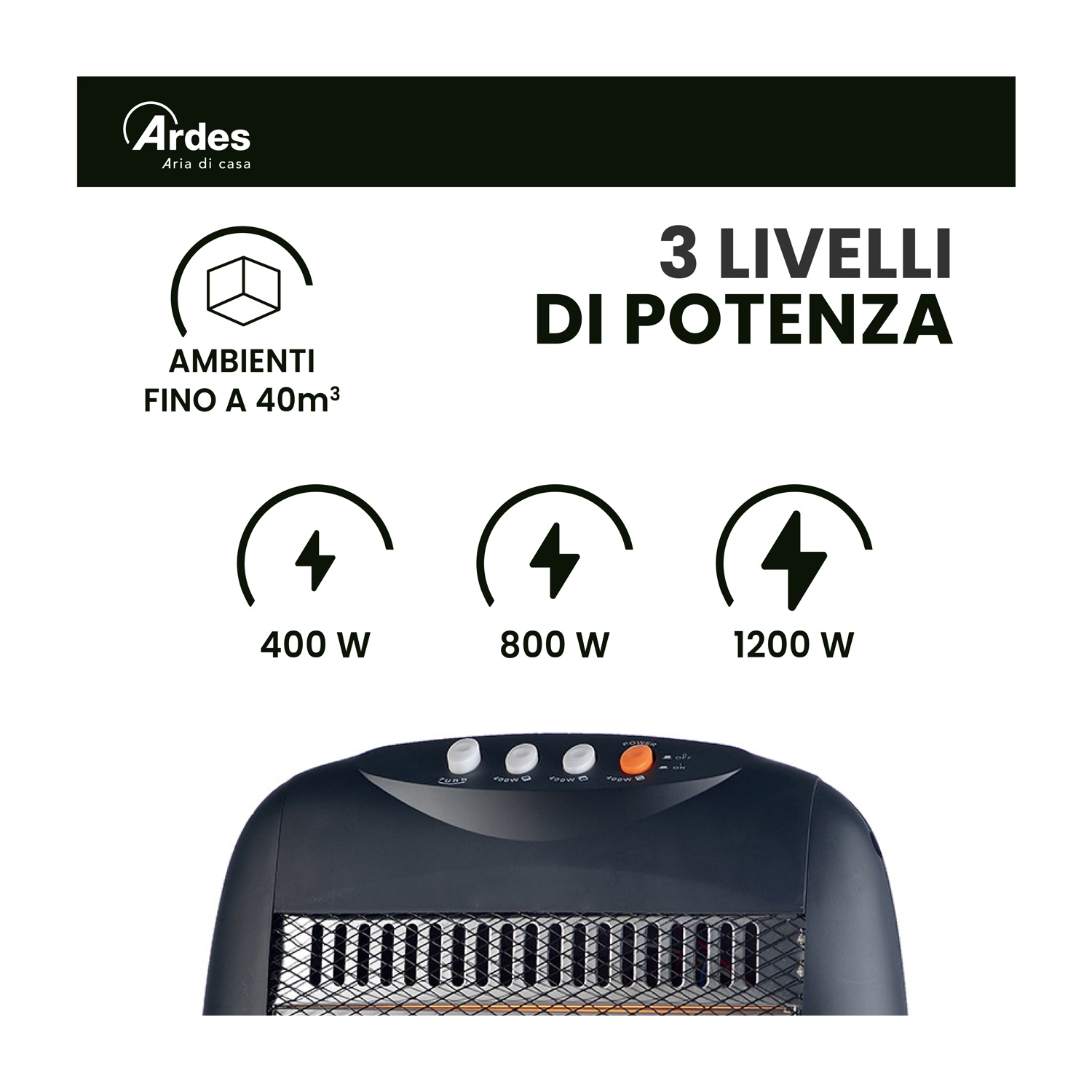 L'immagine mostra un riscaldatore Ardes con 3 livelli di potenza: 400W, 800W e 1200W. Adatto per ambienti fino a 40m³.