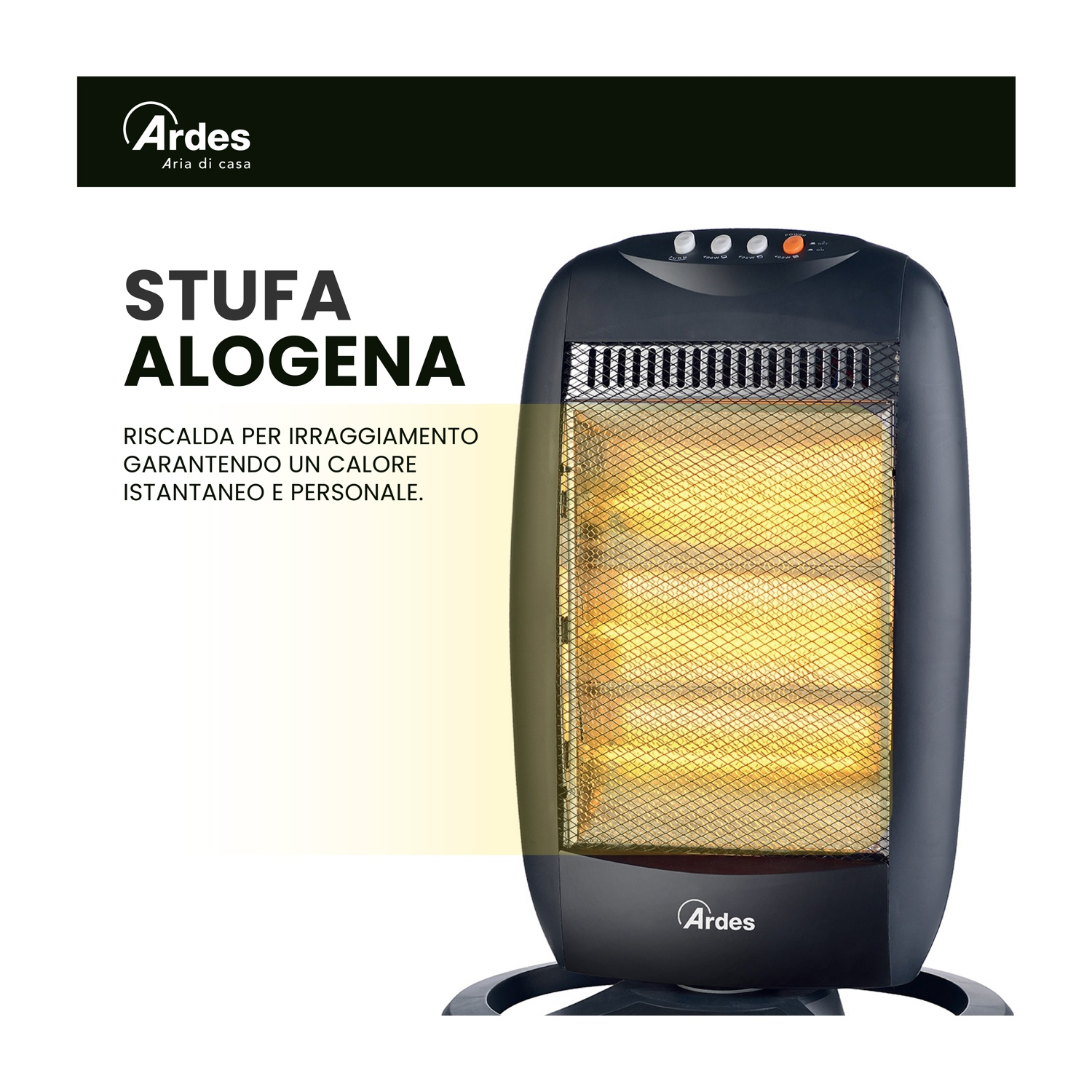 Un termoventilatore alogeno nero con interno incandescente su sfondo bianco. Il marchio 'Ardes' è visibile.