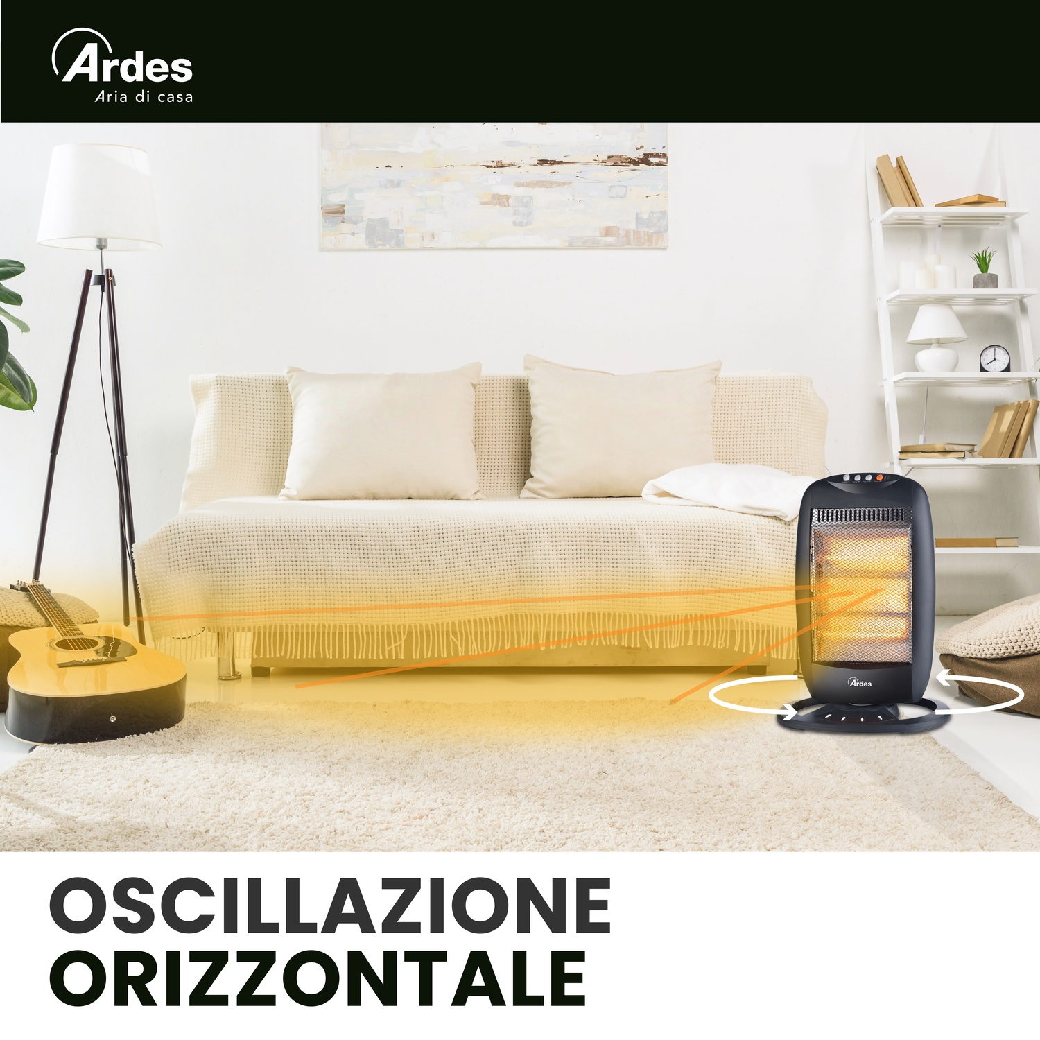 Una stanza con un riscaldatore. Una chitarra e una lampada sono a sinistra. Un divano e una mensola sono sul retro. Il testo 'OSCILLAZIONE ORIZZONTALE' è in basso.