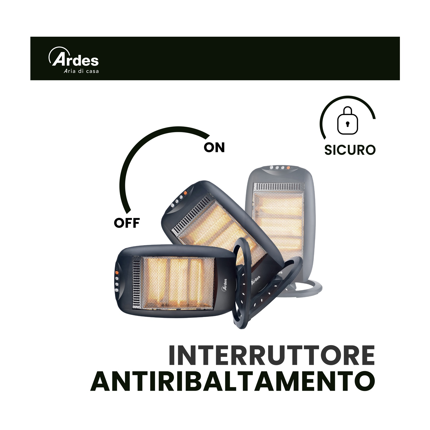 Un'immagine mostra tre stufe con indicatori 'ON' e 'OFF'. Il testo dice 'INTERRUTTORE ANTIRIBALTAMENTO' e 'SICURO'.