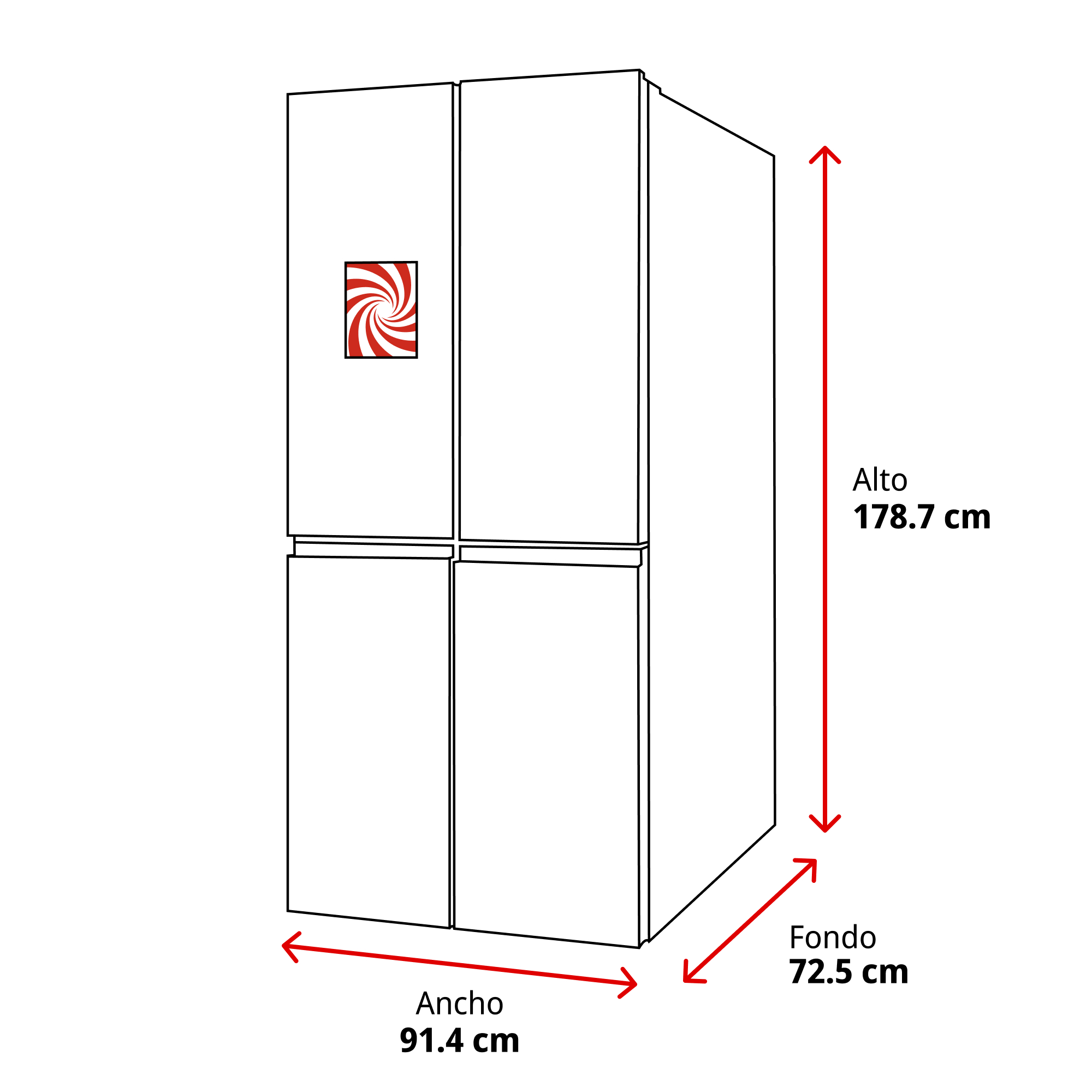 Un frigorífico blanco con dimensiones. Tiene un logo y medidas: 178,7 cm de alto, 91,4 cm de ancho y 72,5 cm de fondo.
